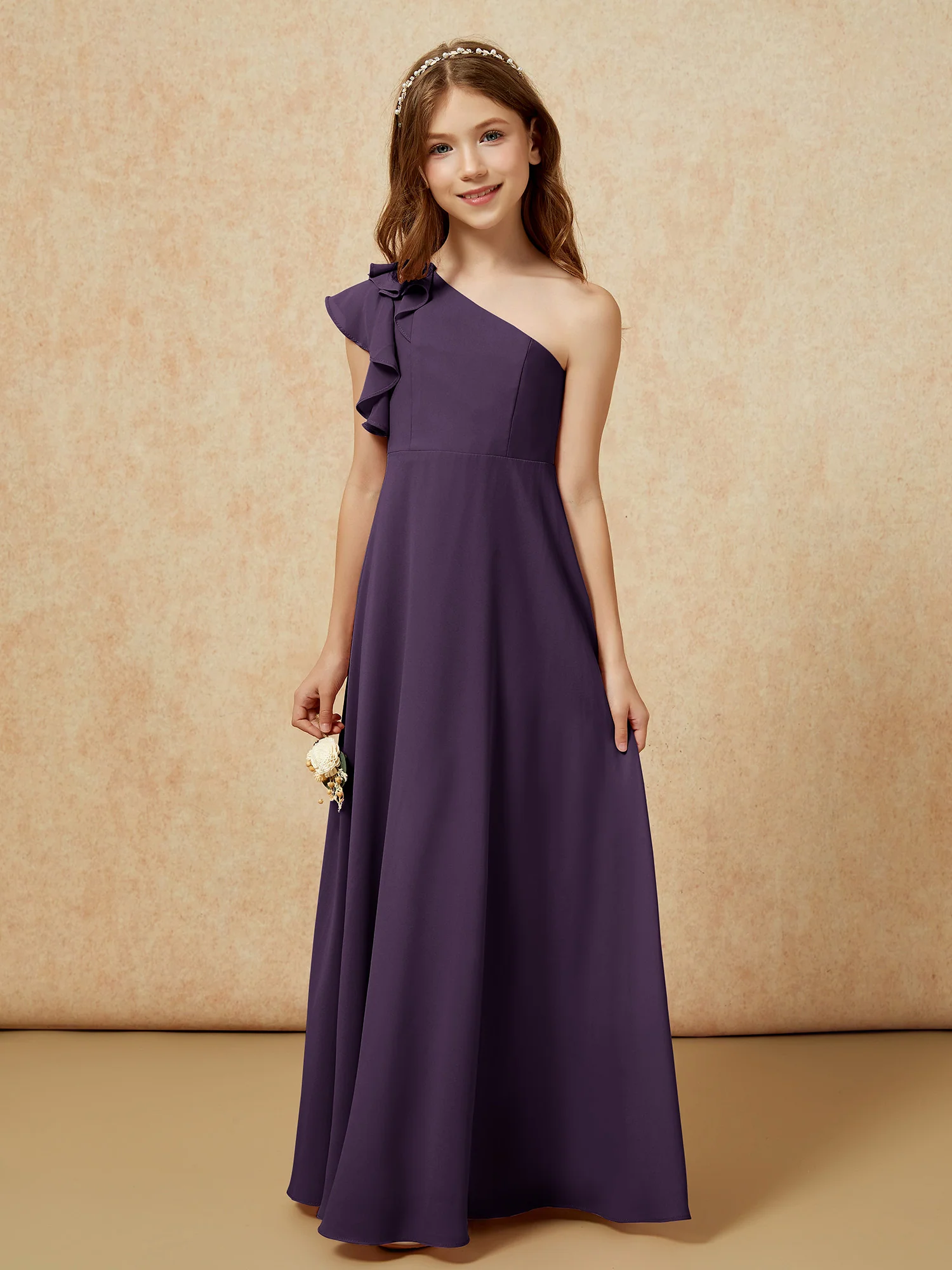 One Shoulder Flutter Sleeves Junior Bridesmaid Dresses Plum - Image 4