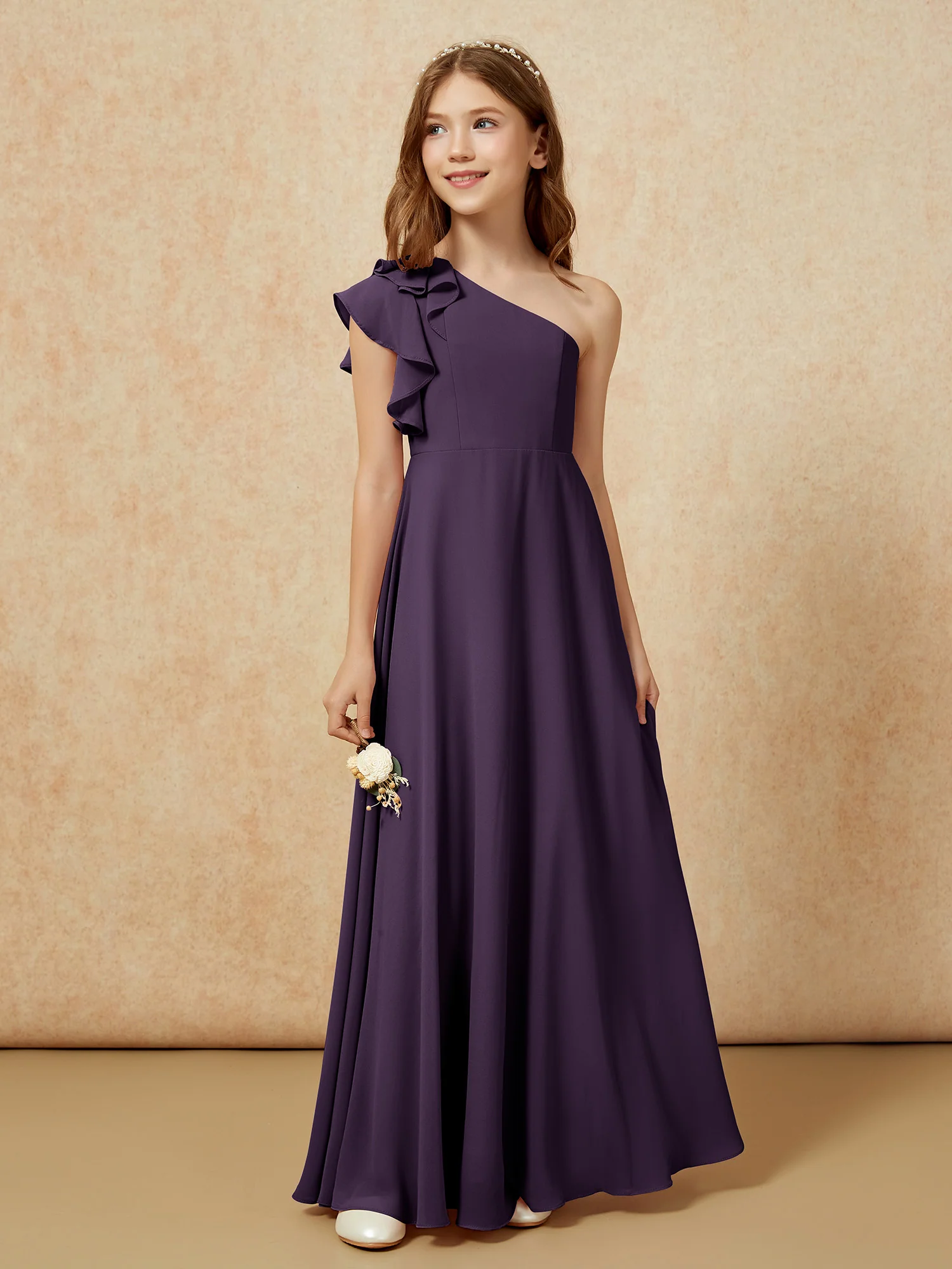One Shoulder Flutter Sleeves Junior Bridesmaid Dresses Plum - Image 5