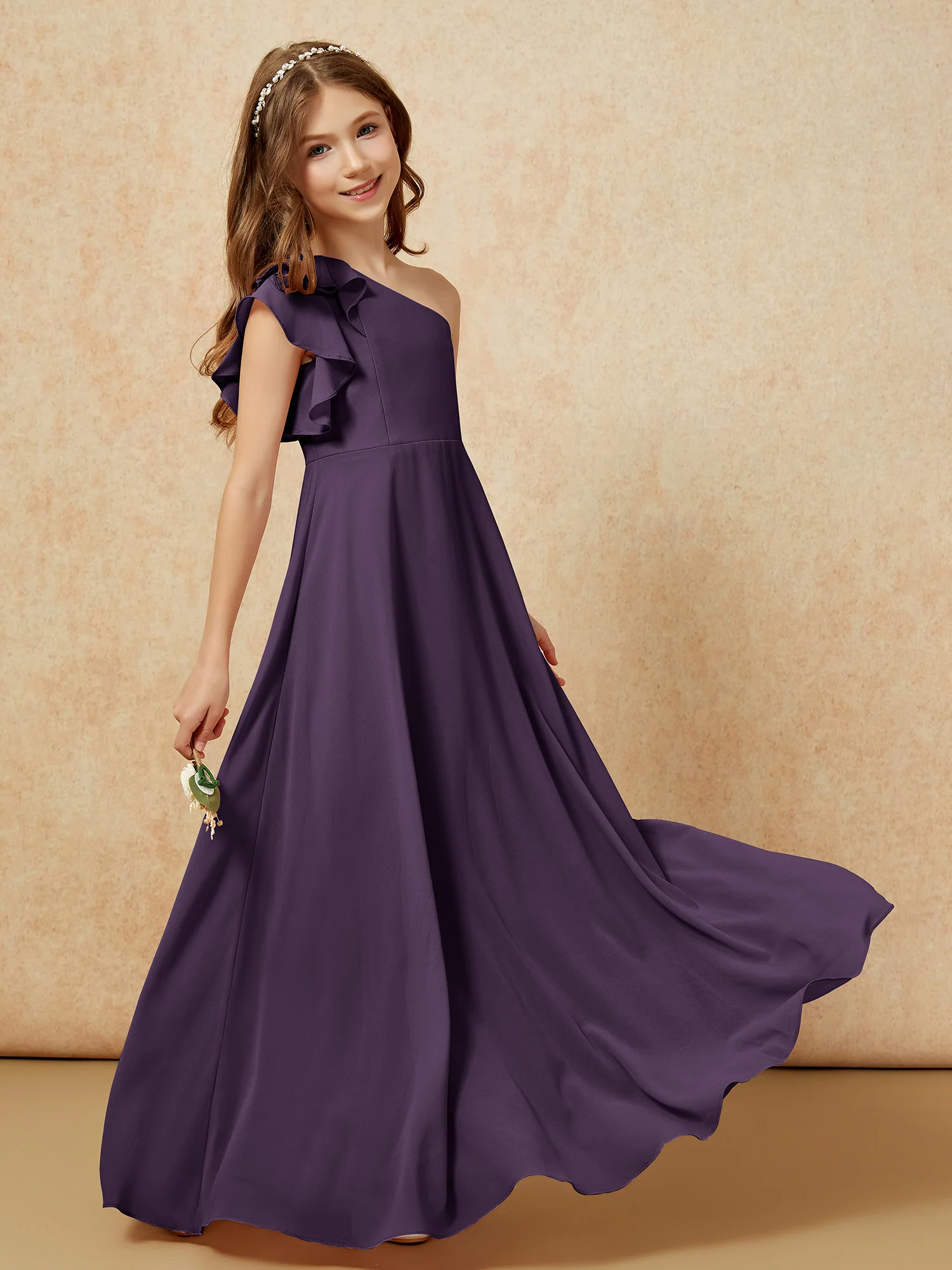 One Shoulder Flutter Sleeves Junior Bridesmaid Dresses Plum - Image 6