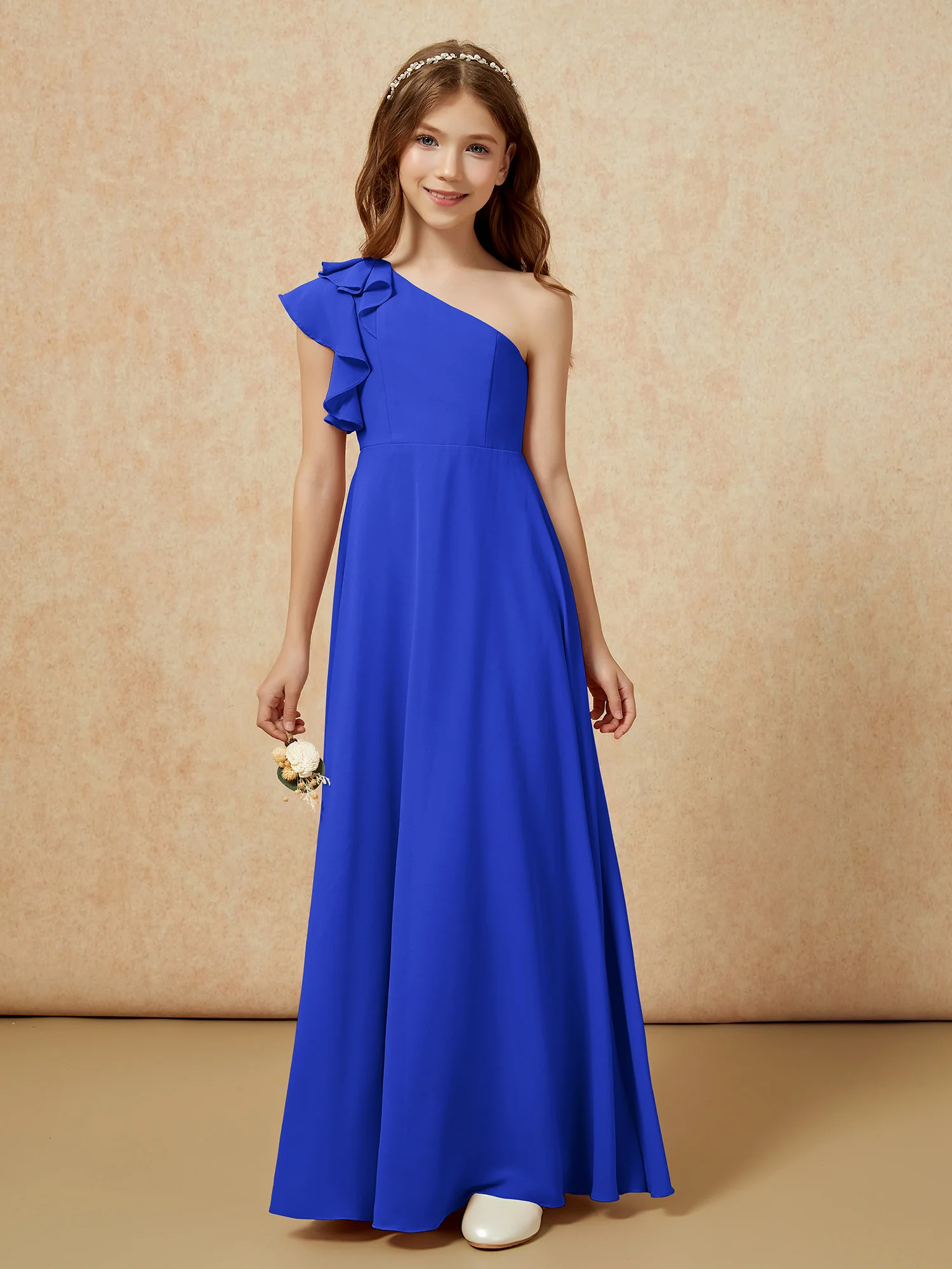 One Shoulder Flutter Sleeves Junior Bridesmaid Dresses Royal Blue