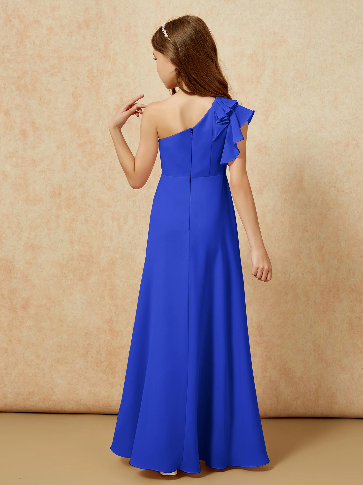 One Shoulder Flutter Sleeves Junior Bridesmaid Dresses Royal Blue - Image 2