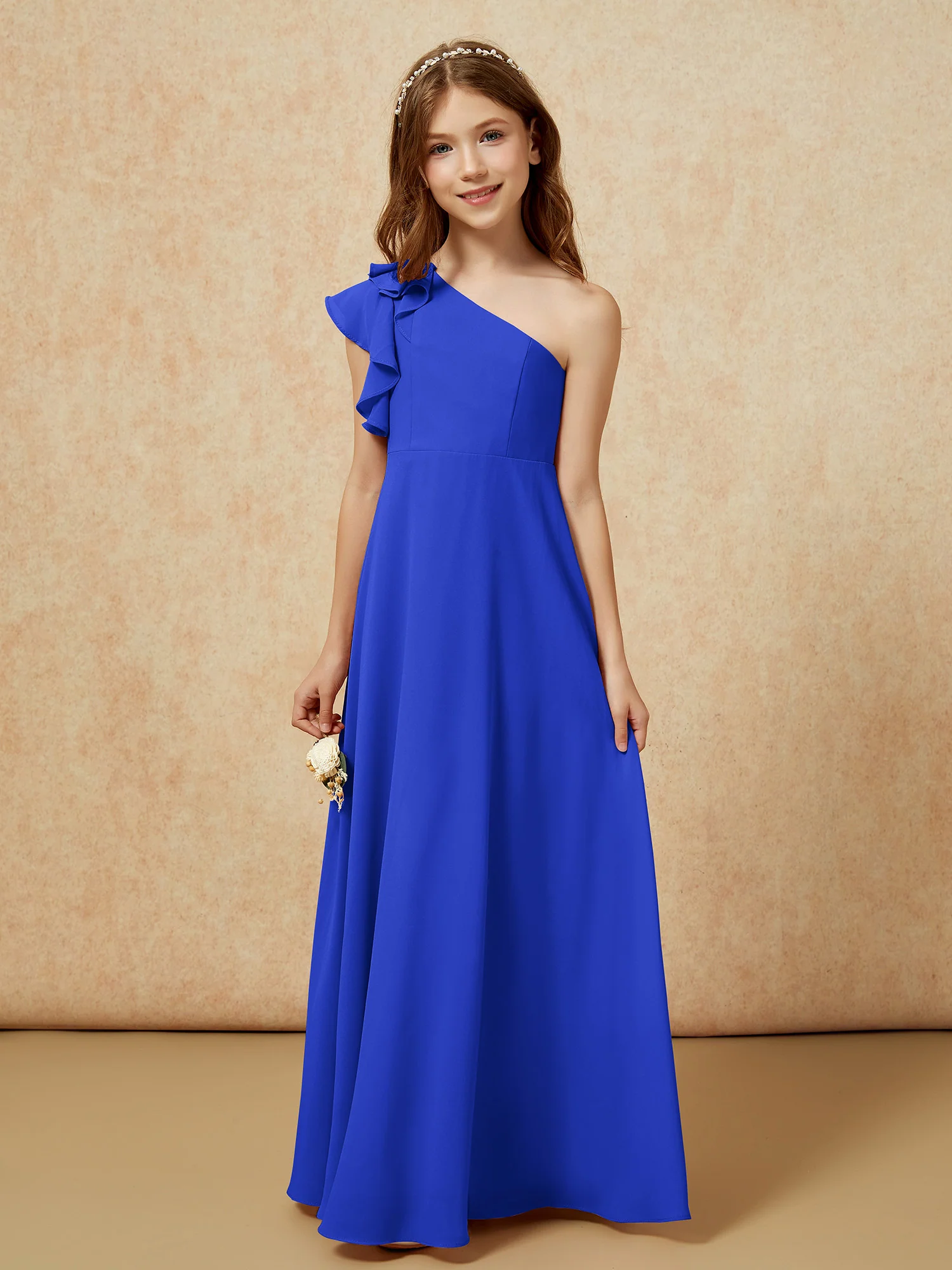 One Shoulder Flutter Sleeves Junior Bridesmaid Dresses Royal Blue - Image 4