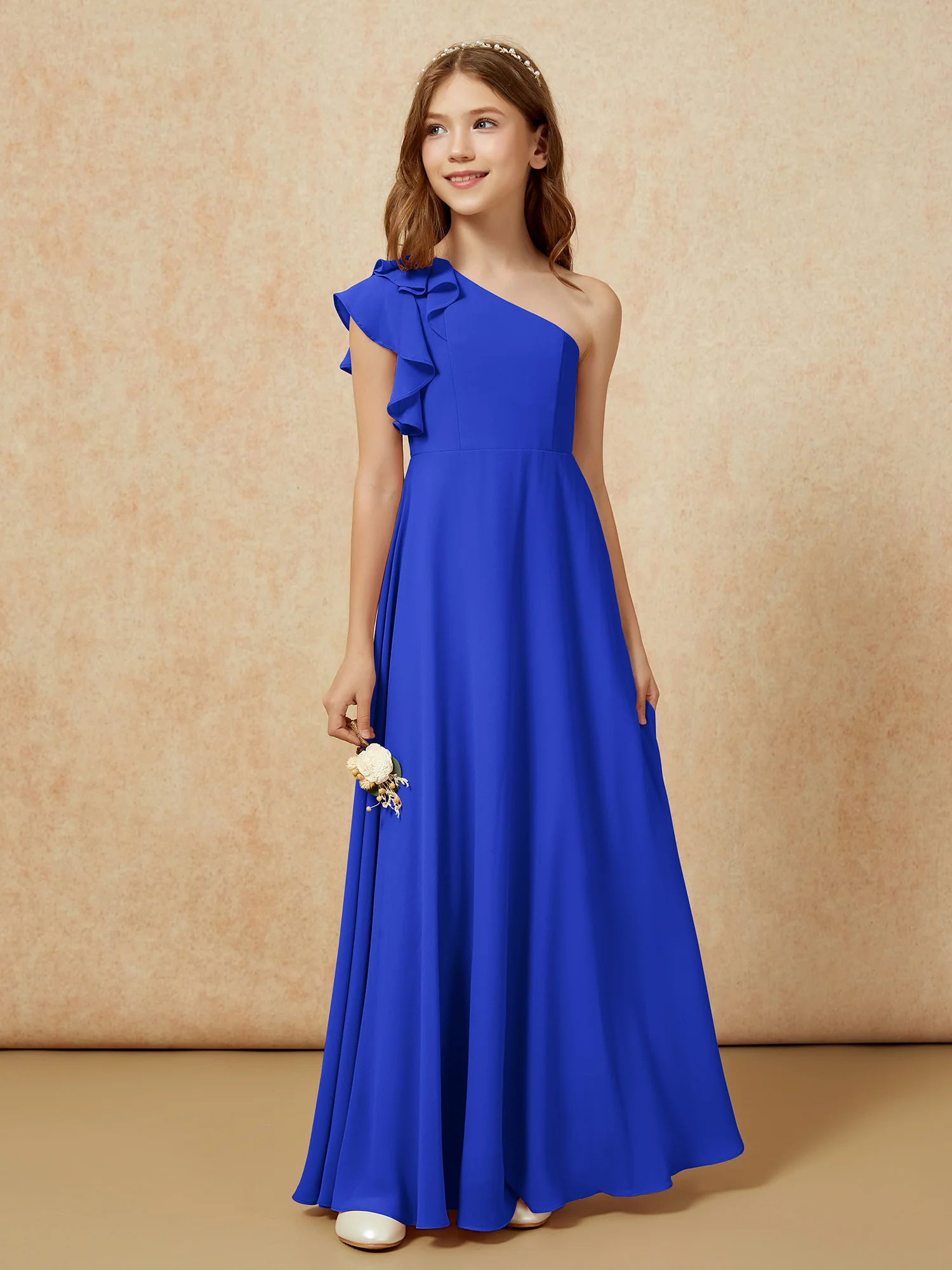 One Shoulder Flutter Sleeves Junior Bridesmaid Dresses Royal Blue - Image 5