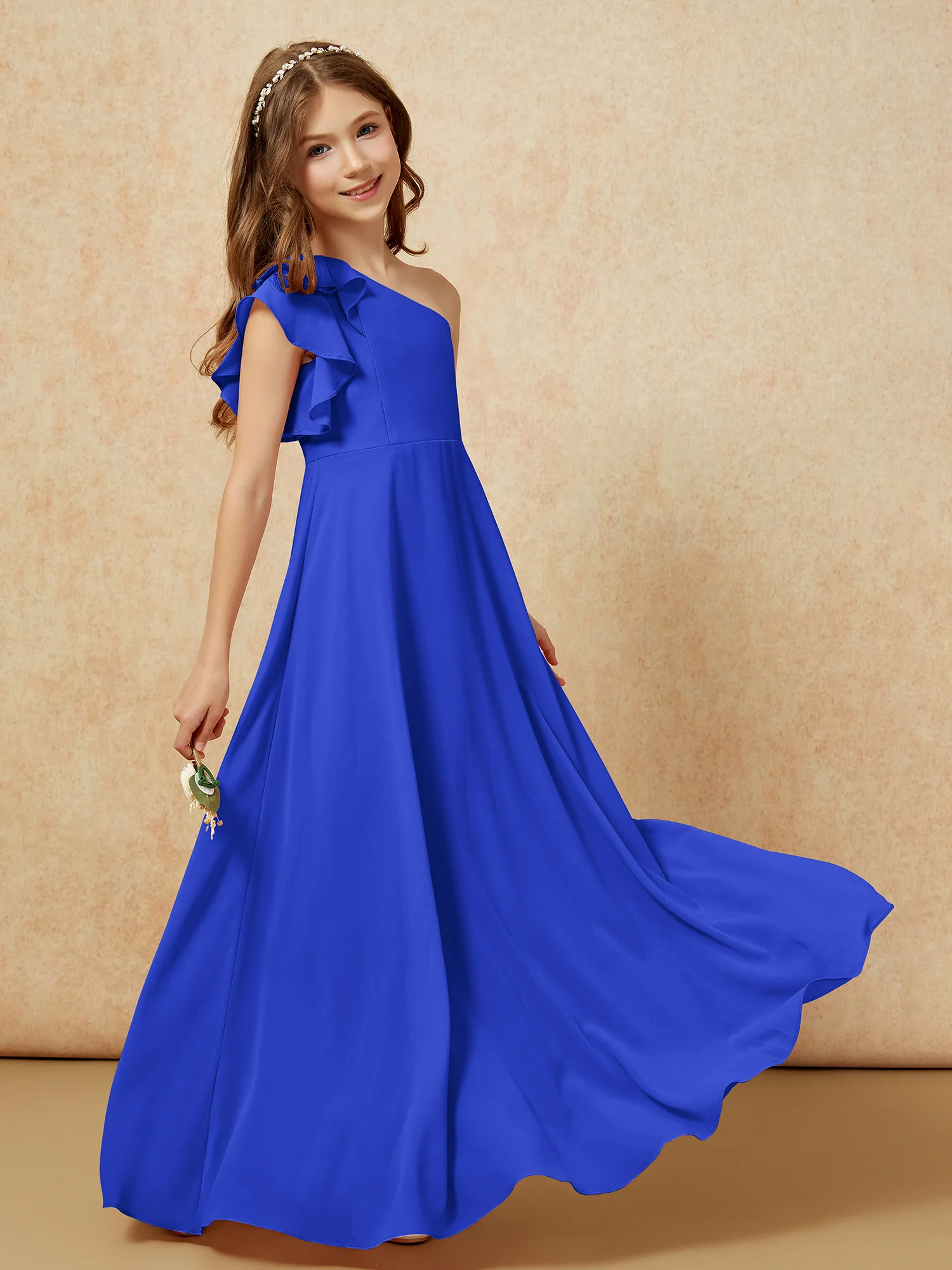 One Shoulder Flutter Sleeves Junior Bridesmaid Dresses Royal Blue - Image 6