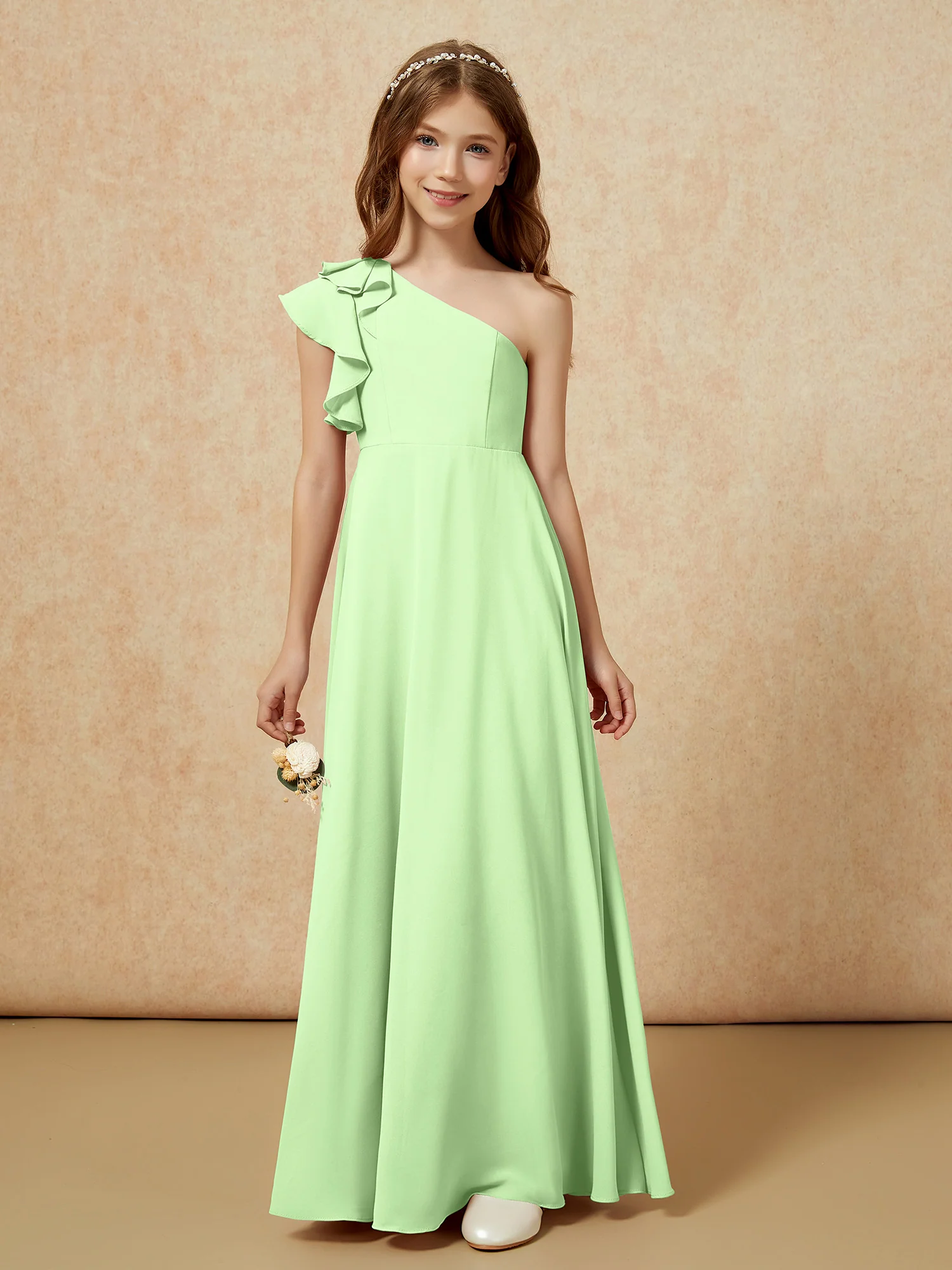 One Shoulder Flutter Sleeves Junior Bridesmaid Dresses Sage