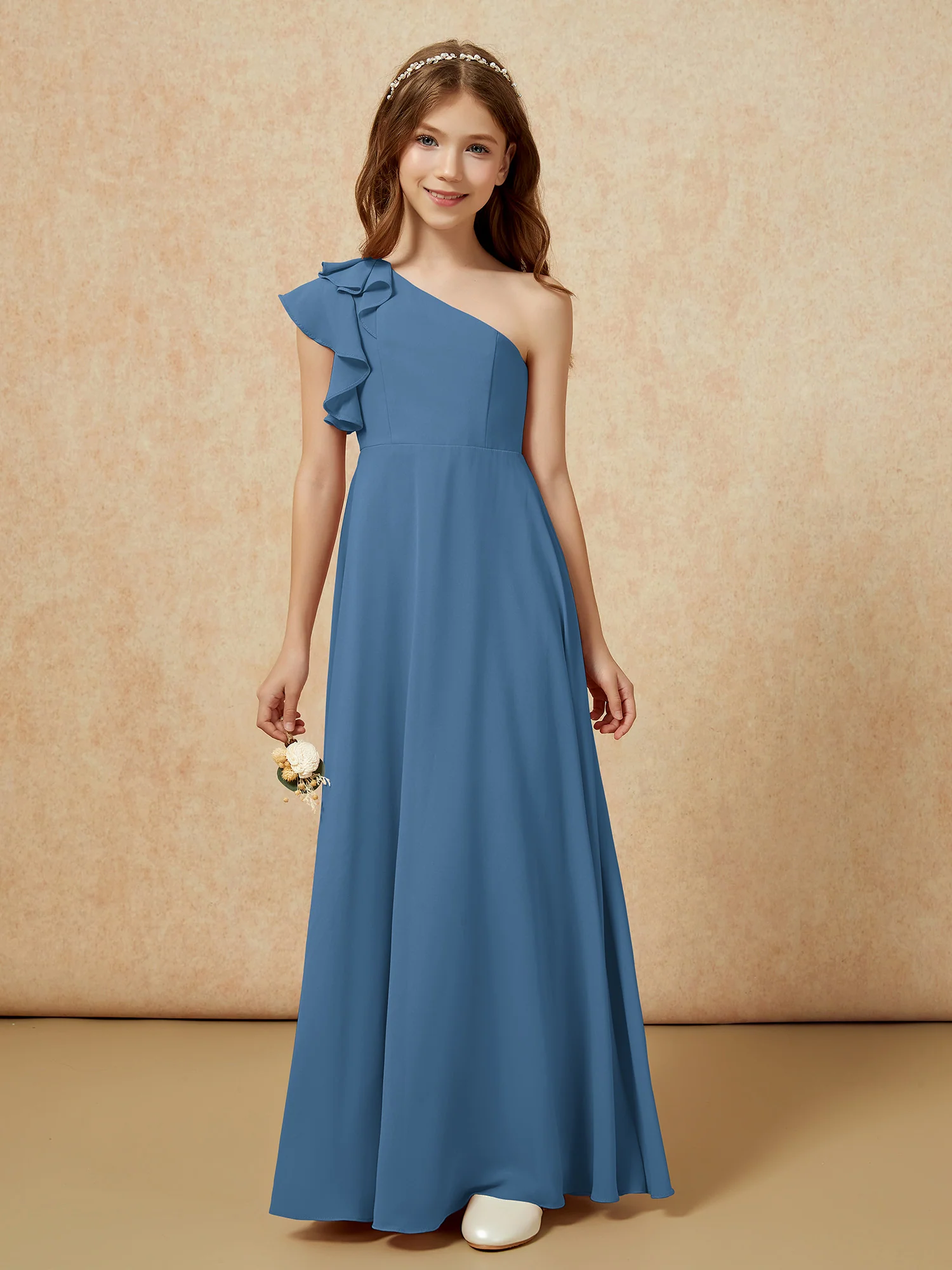 One Shoulder Flutter Sleeves Junior Bridesmaid Dresses Slate Blue