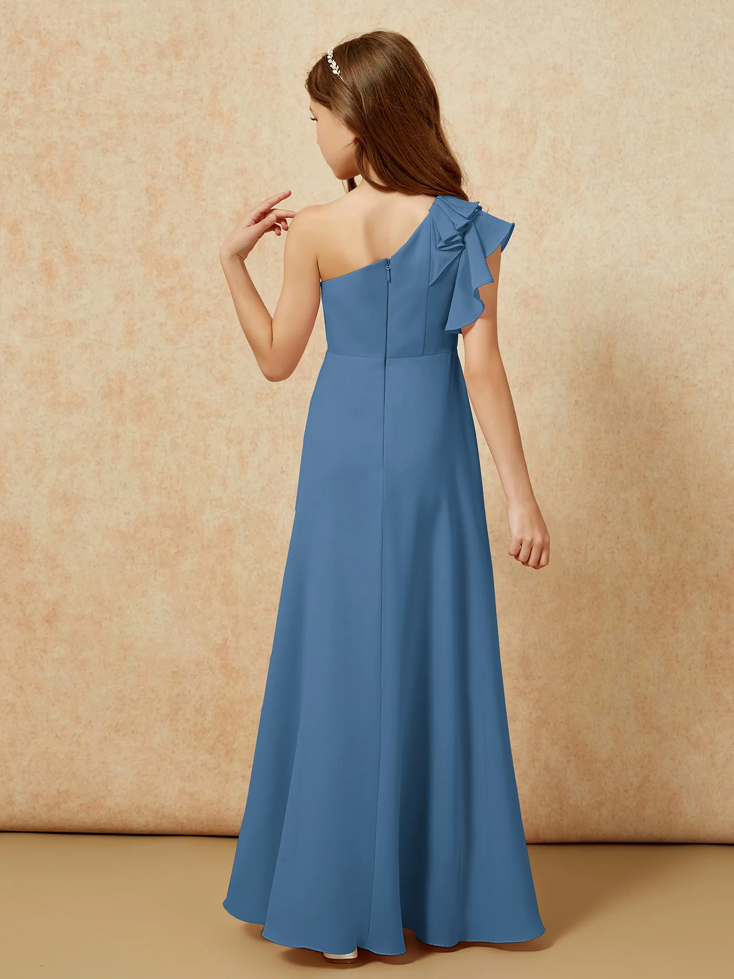 One Shoulder Flutter Sleeves Junior Bridesmaid Dresses Slate Blue - Image 2