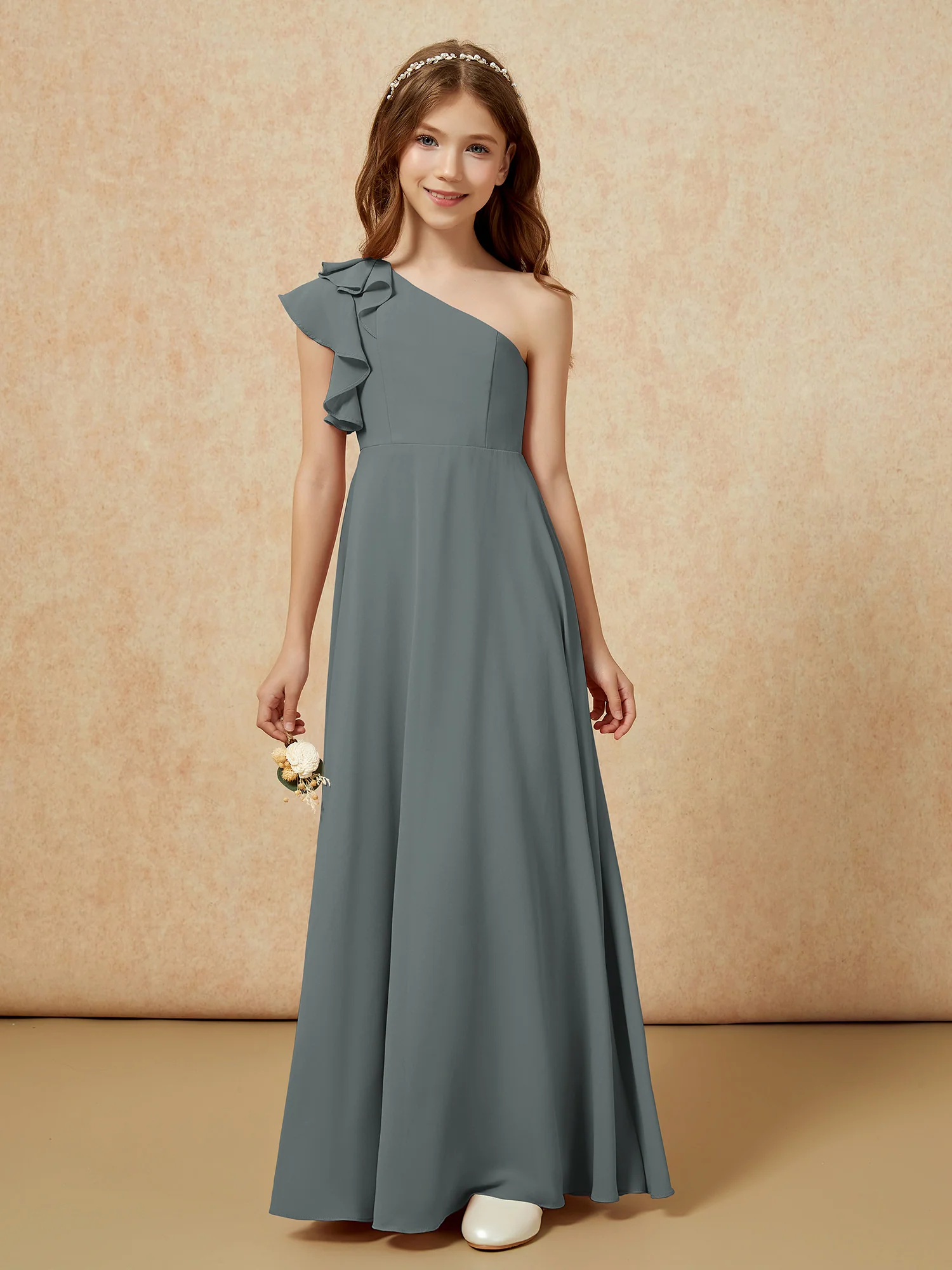 One Shoulder Flutter Sleeves Junior Bridesmaid Dresses Steel Grey