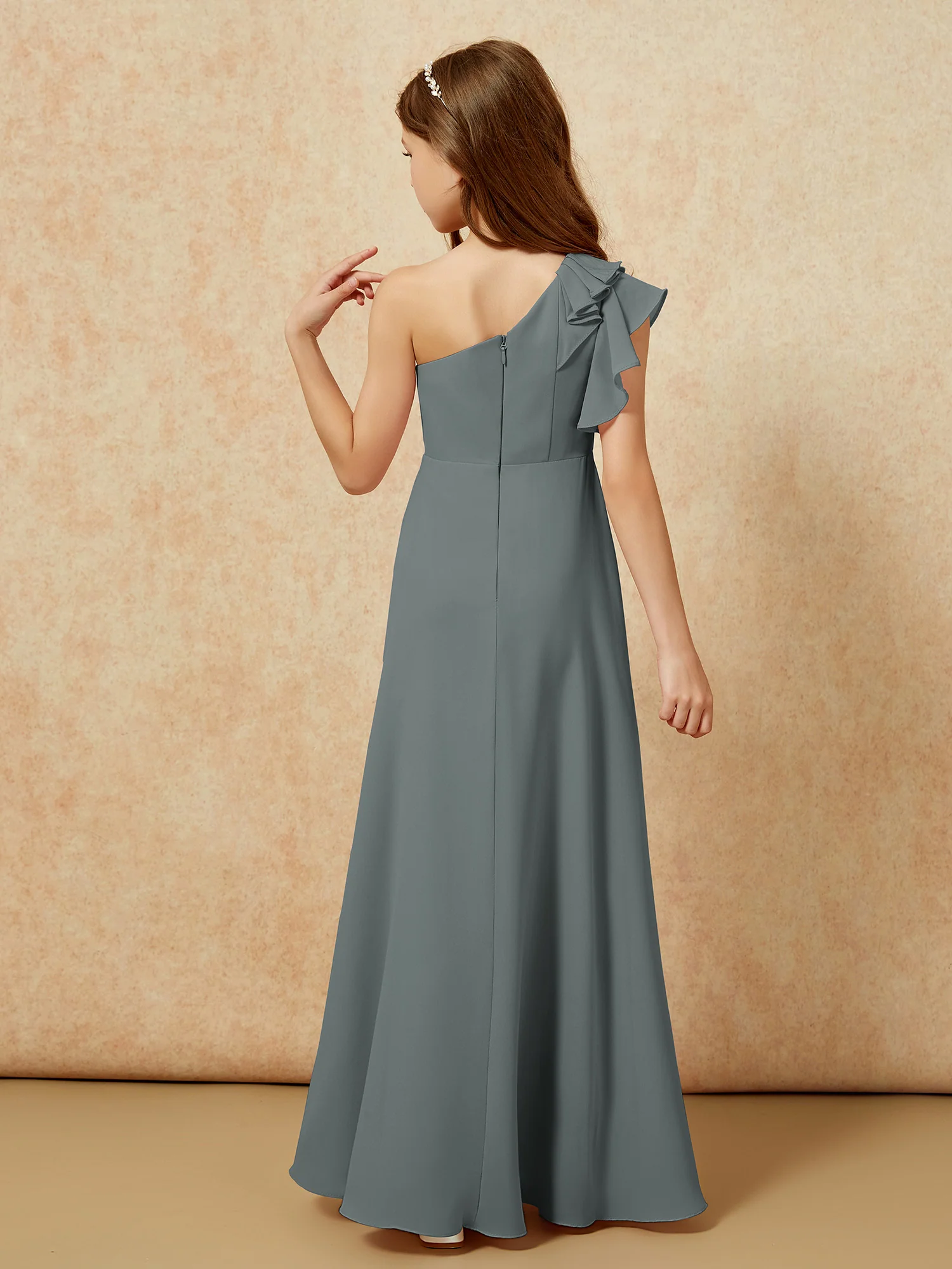 One Shoulder Flutter Sleeves Junior Bridesmaid Dresses Steel Grey - Image 2