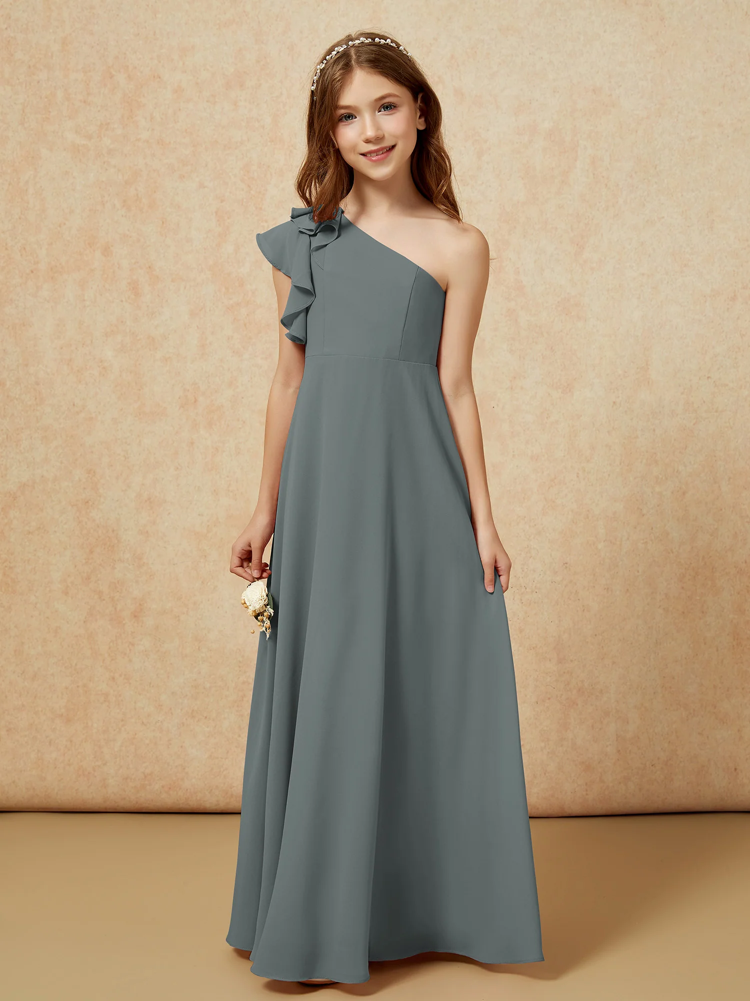 One Shoulder Flutter Sleeves Junior Bridesmaid Dresses Steel Grey - Image 4