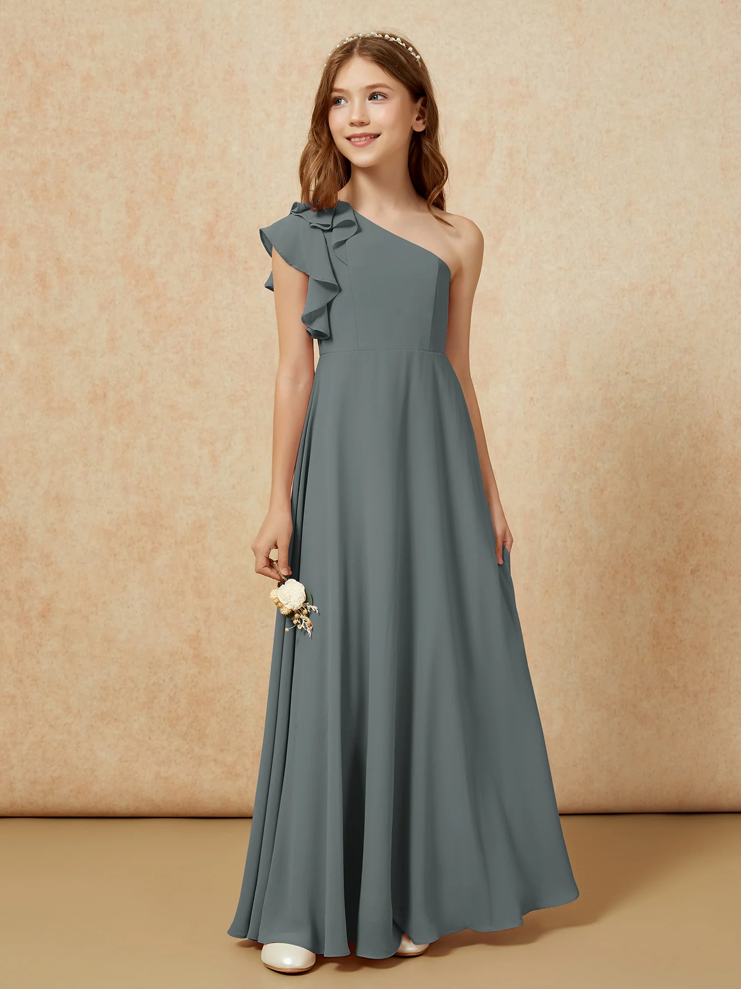 One Shoulder Flutter Sleeves Junior Bridesmaid Dresses Steel Grey - Image 5