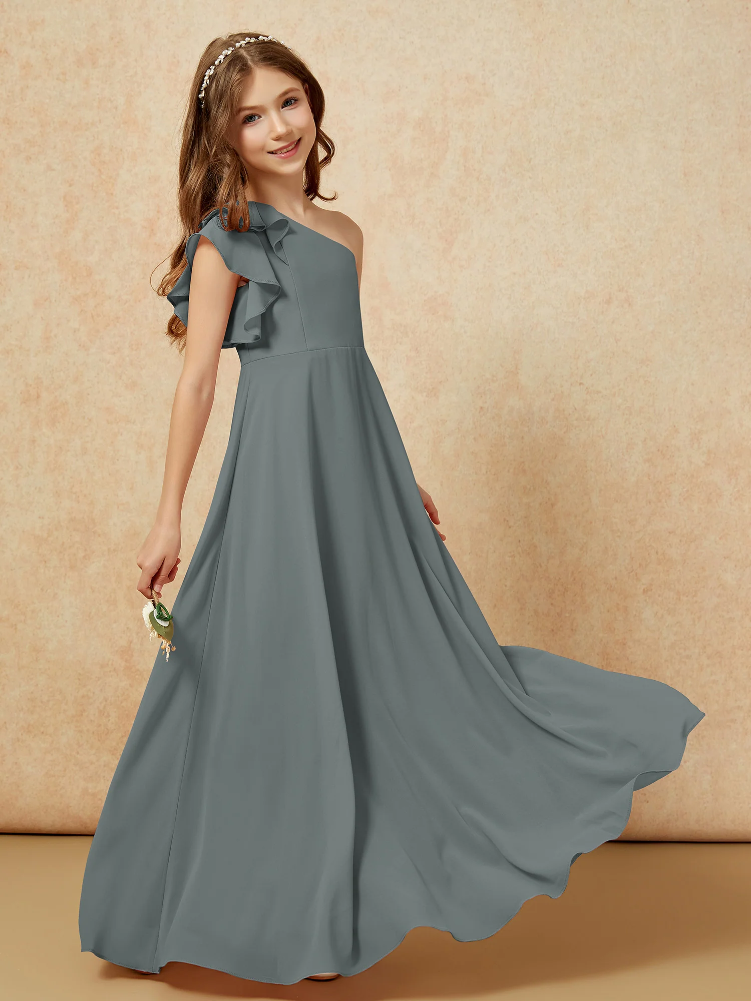 One Shoulder Flutter Sleeves Junior Bridesmaid Dresses Steel Grey - Image 6
