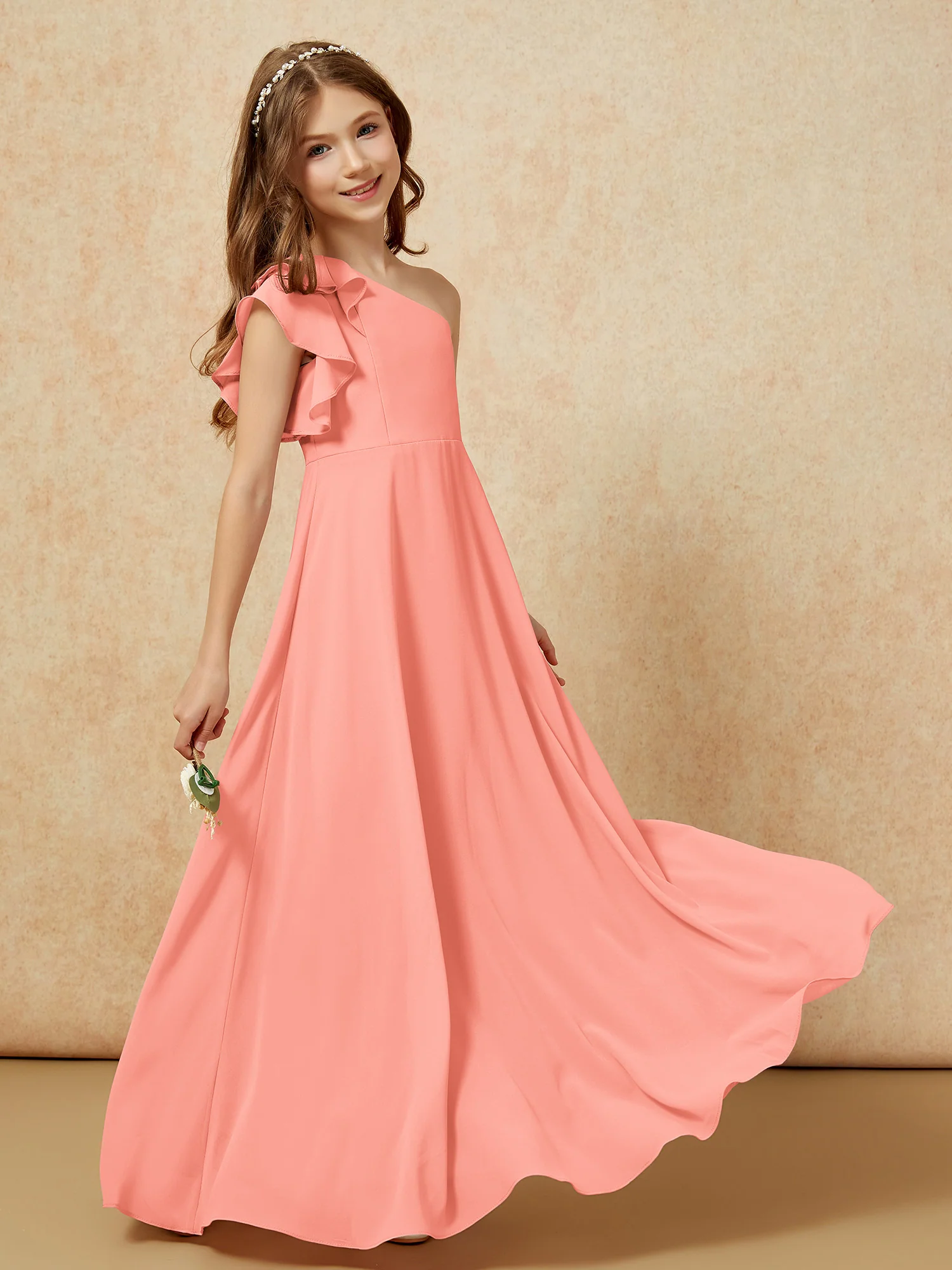 One Shoulder Flutter Sleeves Junior Bridesmaid Dresses Sunset - Image 6