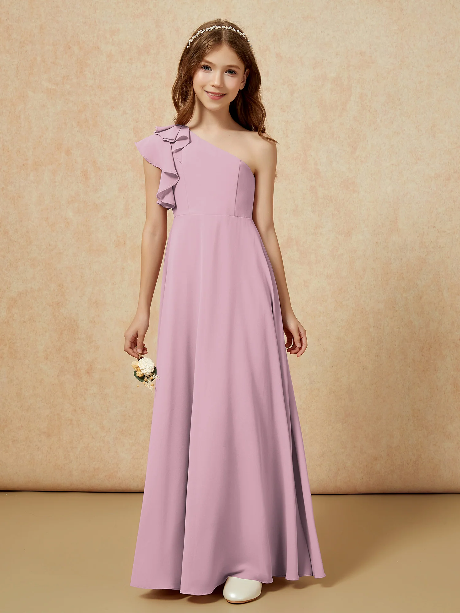 One Shoulder Flutter Sleeves Junior Bridesmaid Dresses Vintage Mauve