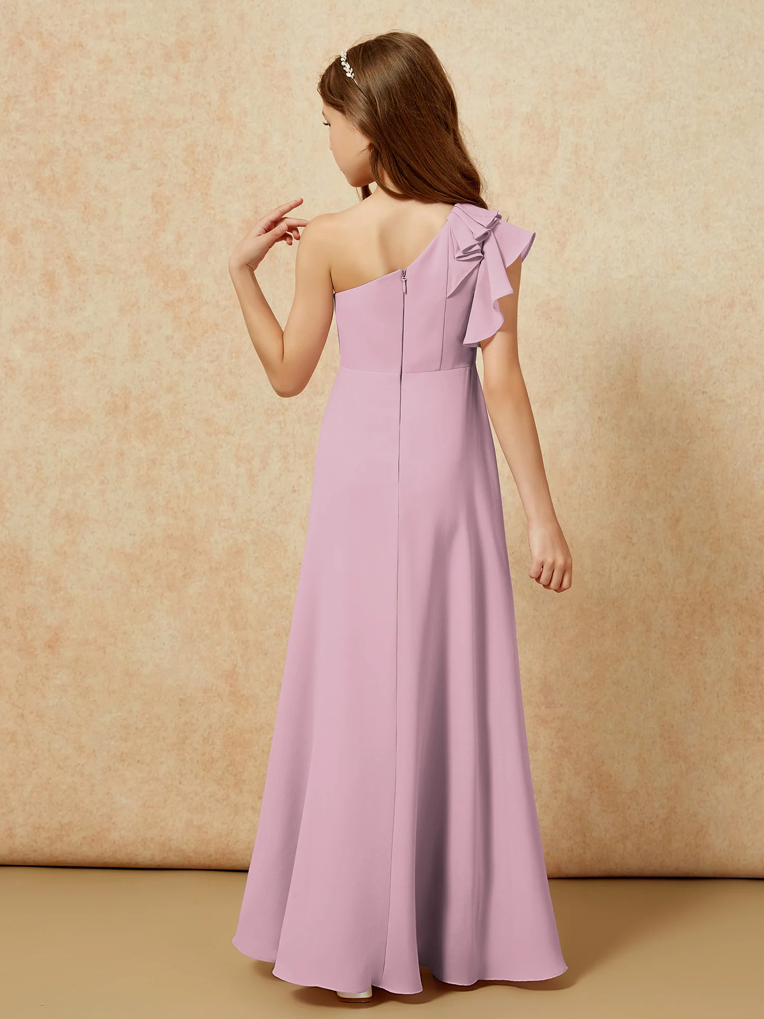 One Shoulder Flutter Sleeves Junior Bridesmaid Dresses Vintage Mauve - Image 2