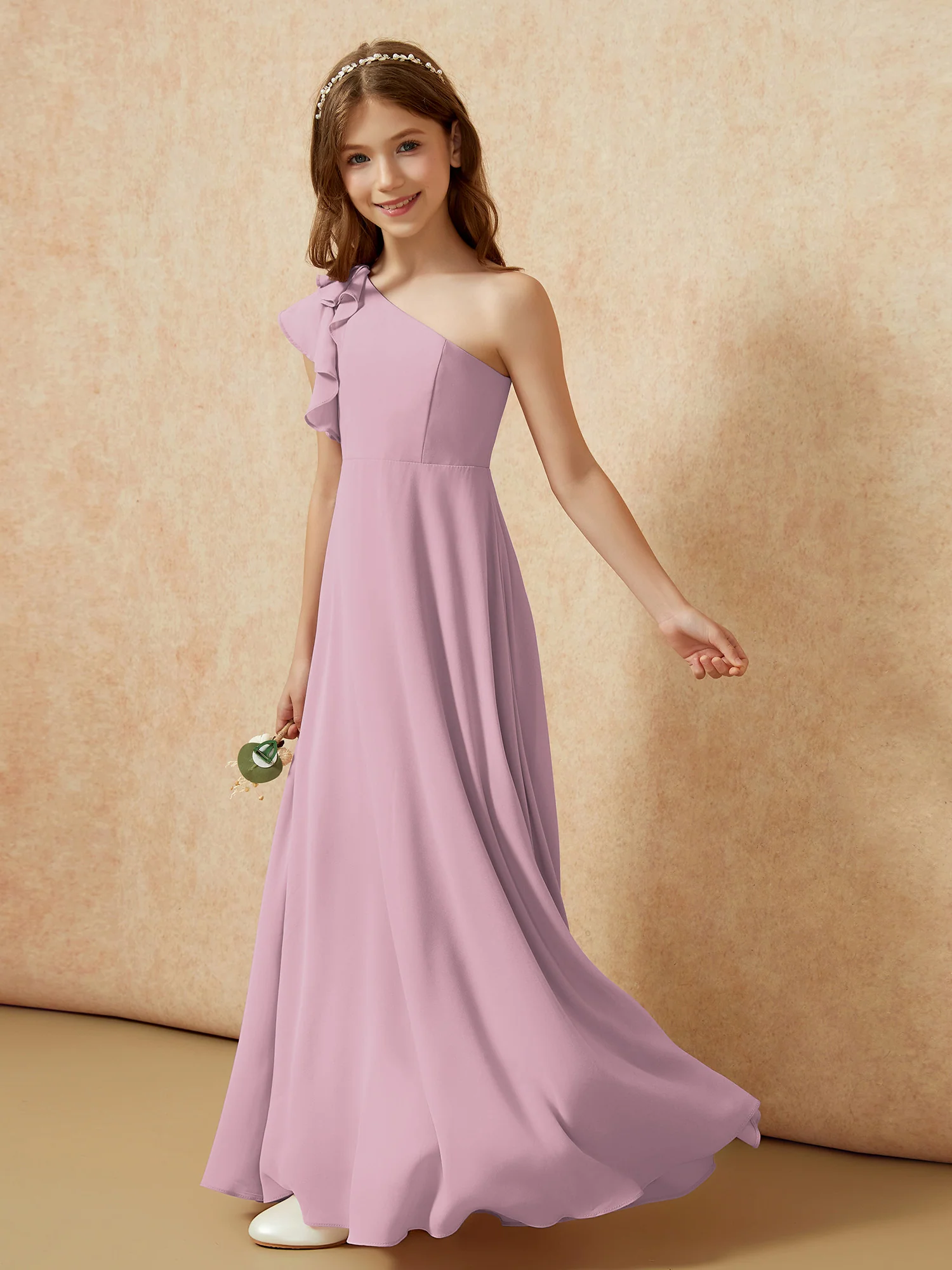 One Shoulder Flutter Sleeves Junior Bridesmaid Dresses Vintage Mauve - Image 3