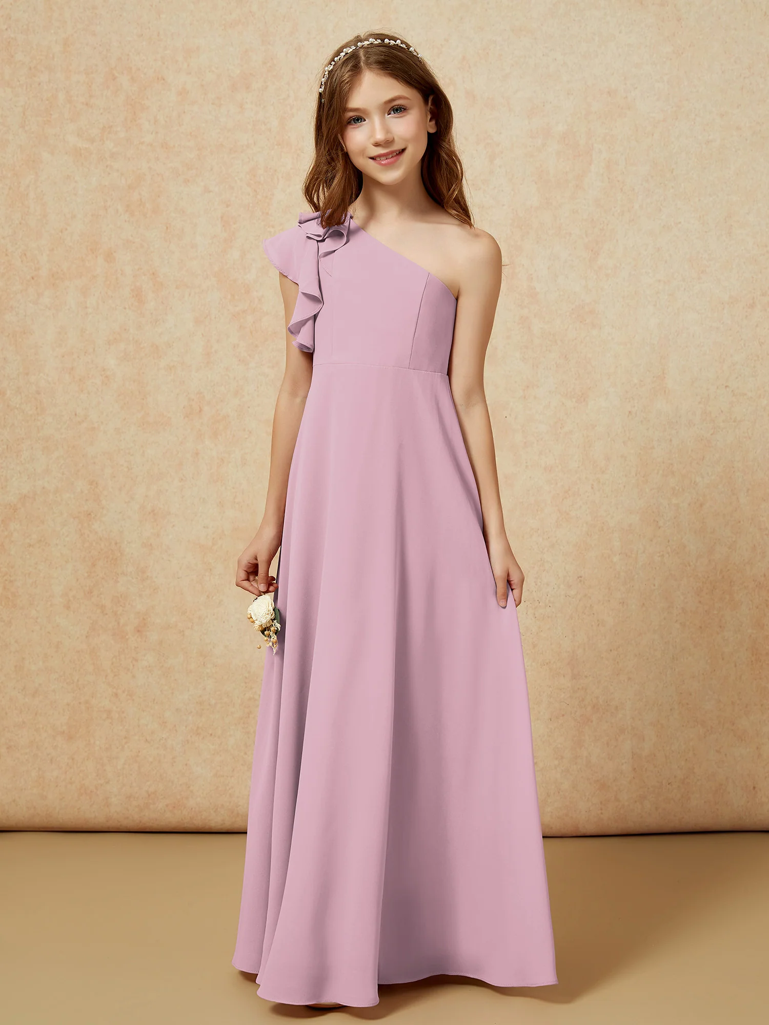 One Shoulder Flutter Sleeves Junior Bridesmaid Dresses Vintage Mauve - Image 4