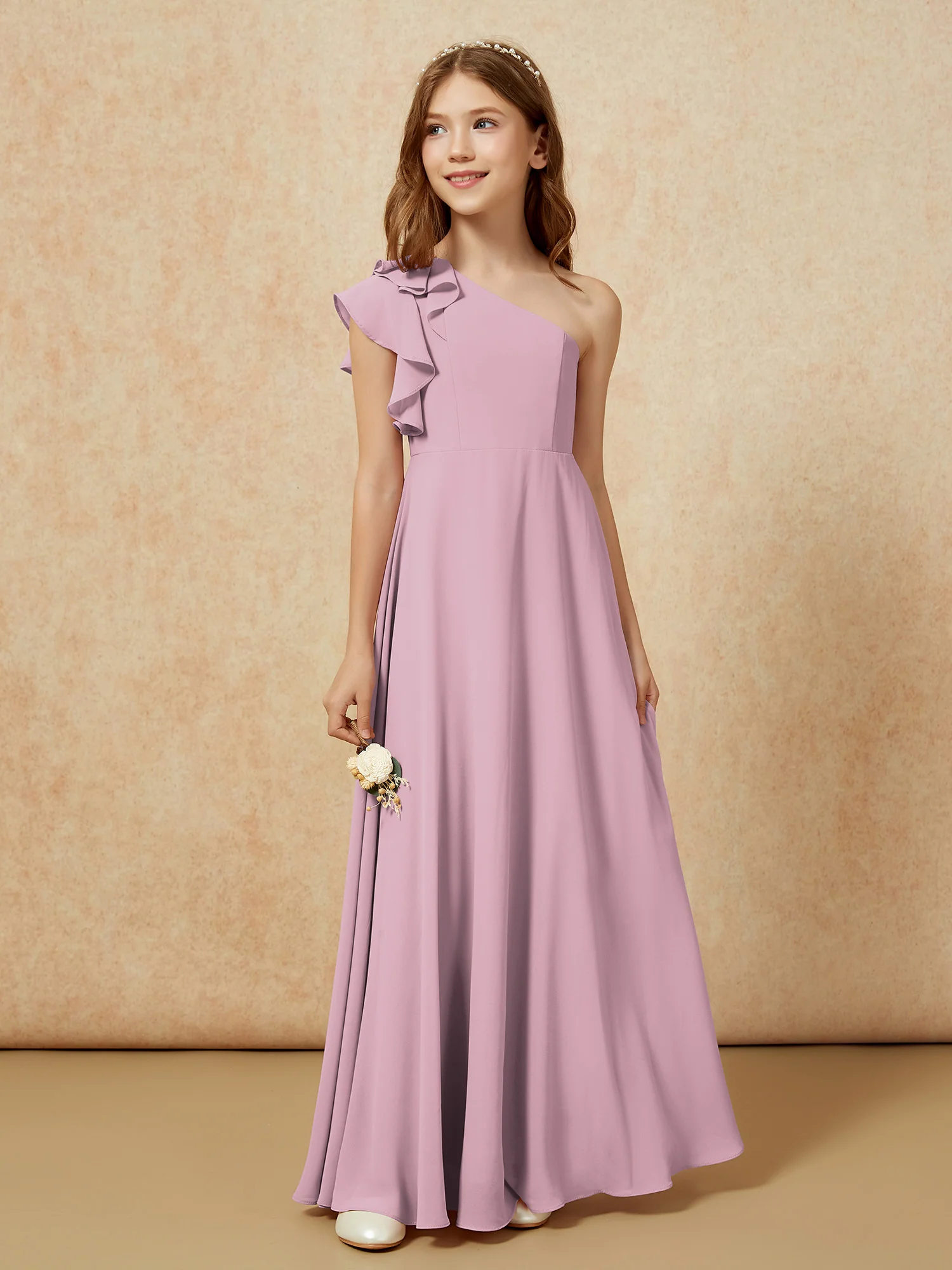 One Shoulder Flutter Sleeves Junior Bridesmaid Dresses Vintage Mauve - Image 5