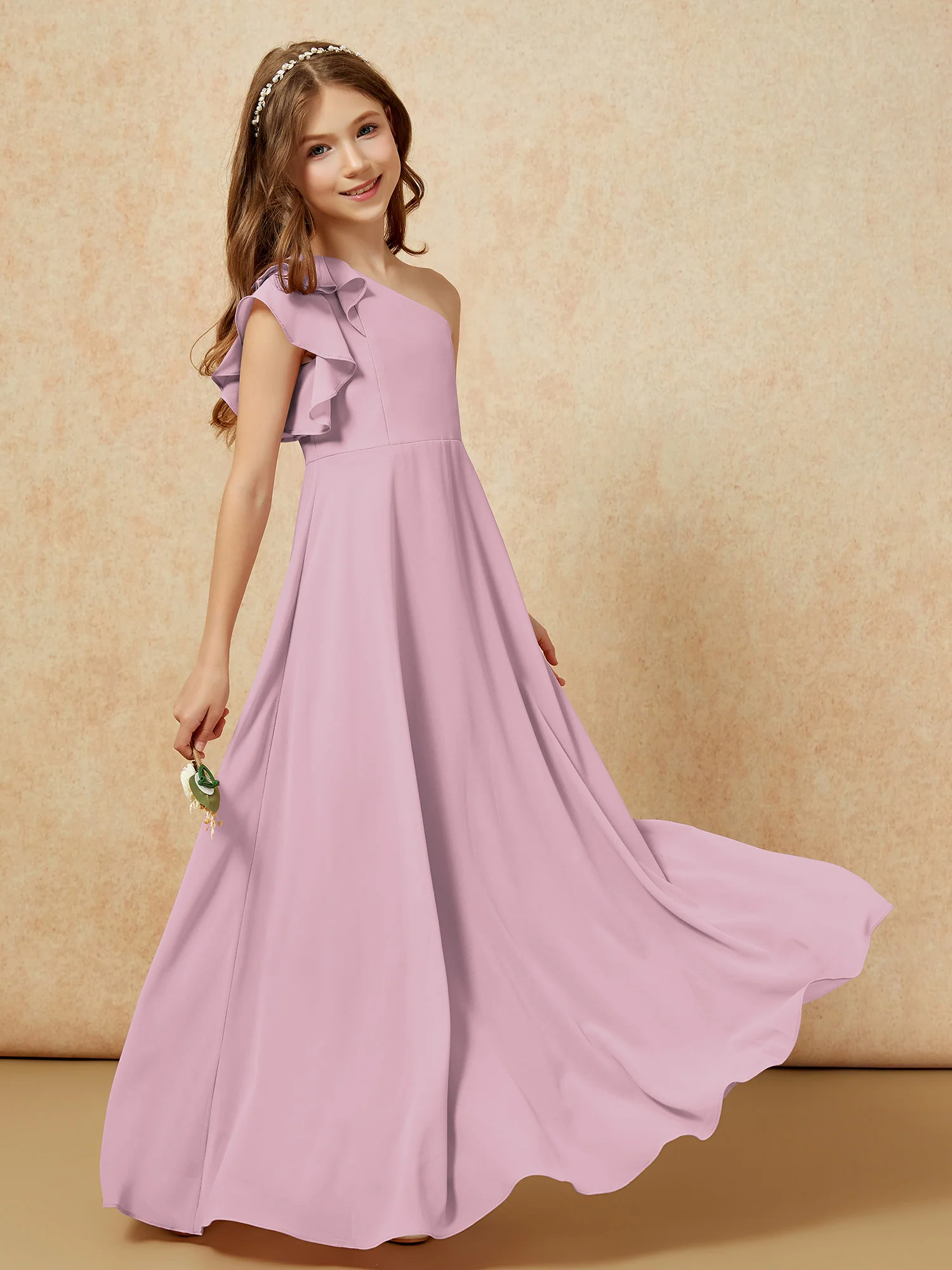 One Shoulder Flutter Sleeves Junior Bridesmaid Dresses Vintage Mauve - Image 6