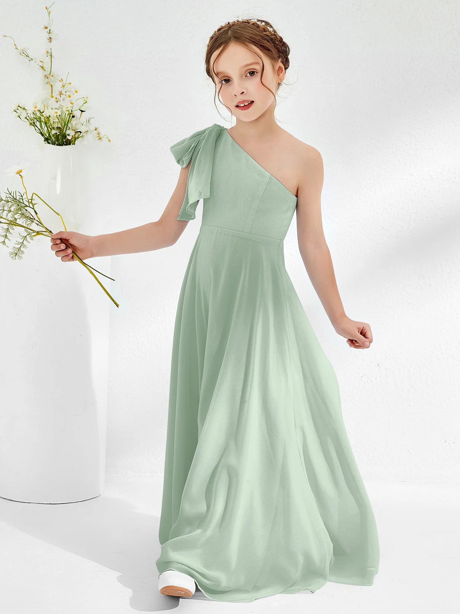 One Shoulder Junior Bridesmaid Dresses with Pleated Agave - Image 3