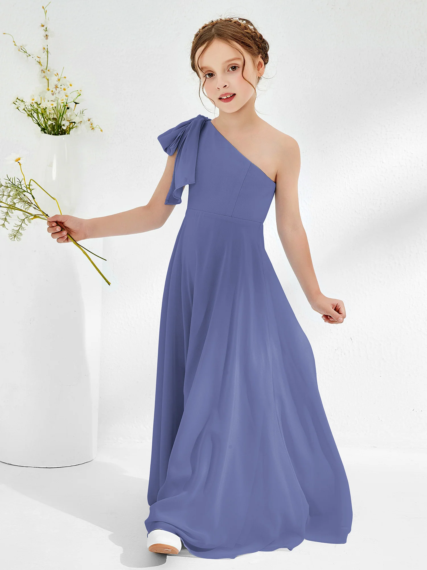 One Shoulder Junior Bridesmaid Dresses with Pleated Periwinkle - Image 3