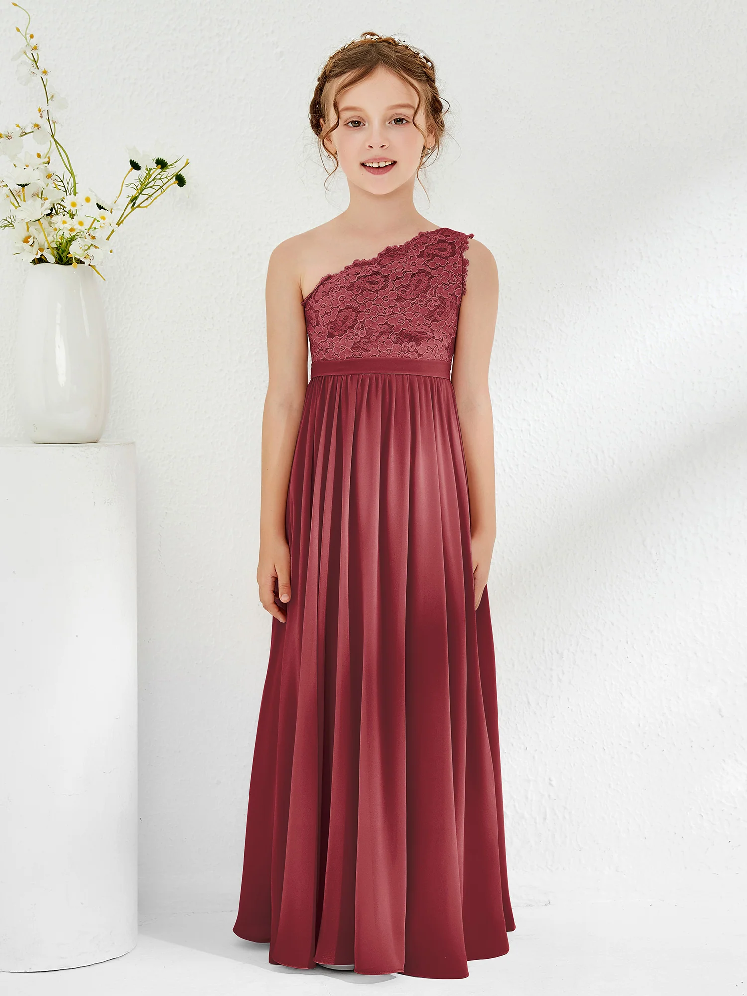 One Shoulder Lace and Chiffon Junior Bridesmaid Dresses Cinnamon Rose