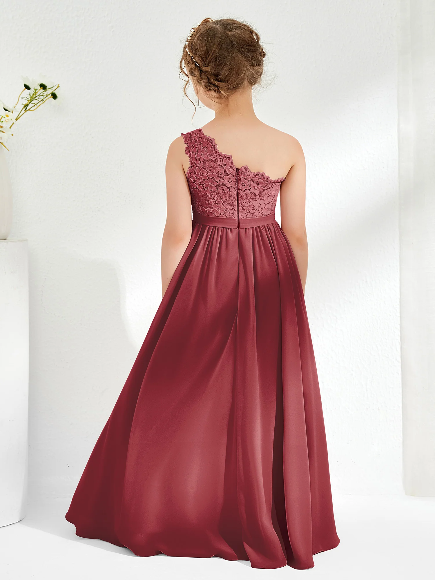 One Shoulder Lace and Chiffon Junior Bridesmaid Dresses Cinnamon Rose - Image 2