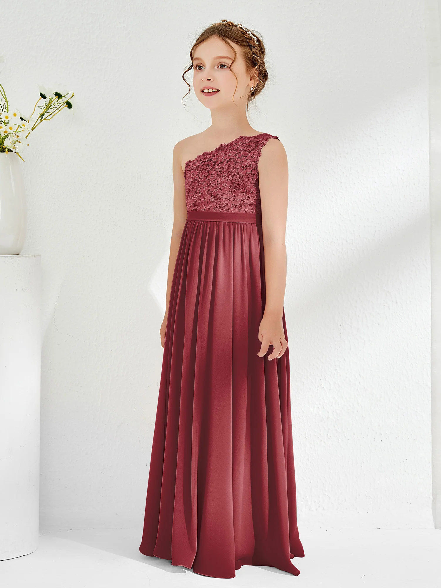 One Shoulder Lace and Chiffon Junior Bridesmaid Dresses Cinnamon Rose - Image 3