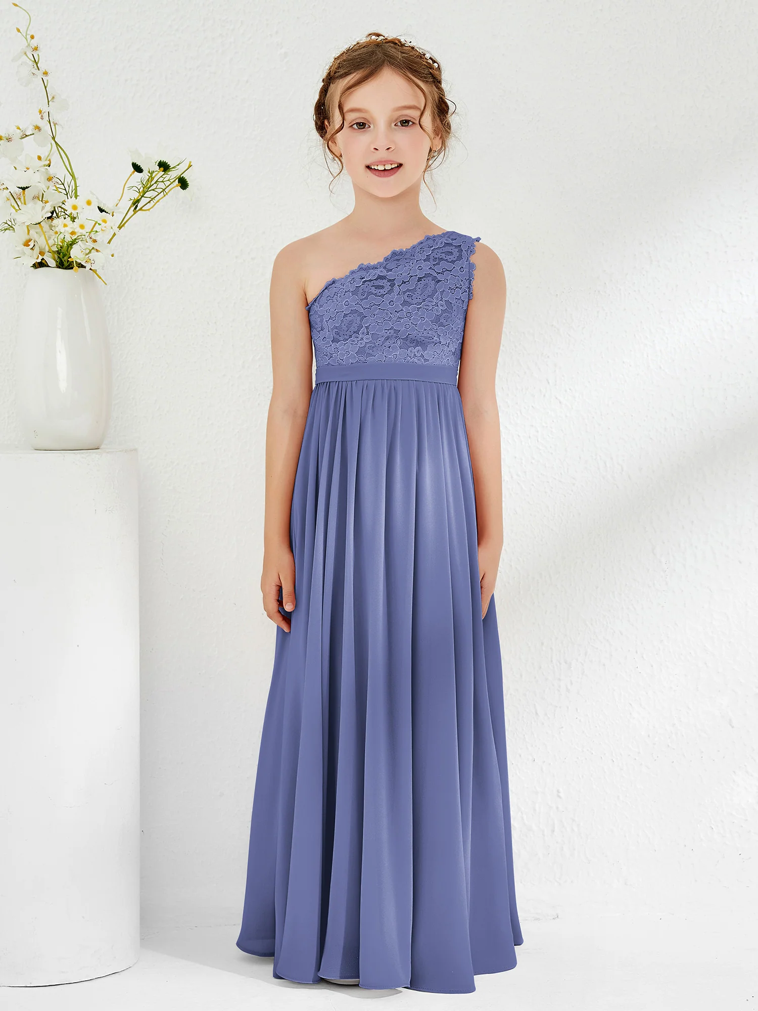 One Shoulder Lace and Chiffon Junior Bridesmaid Dresses Periwinkle
