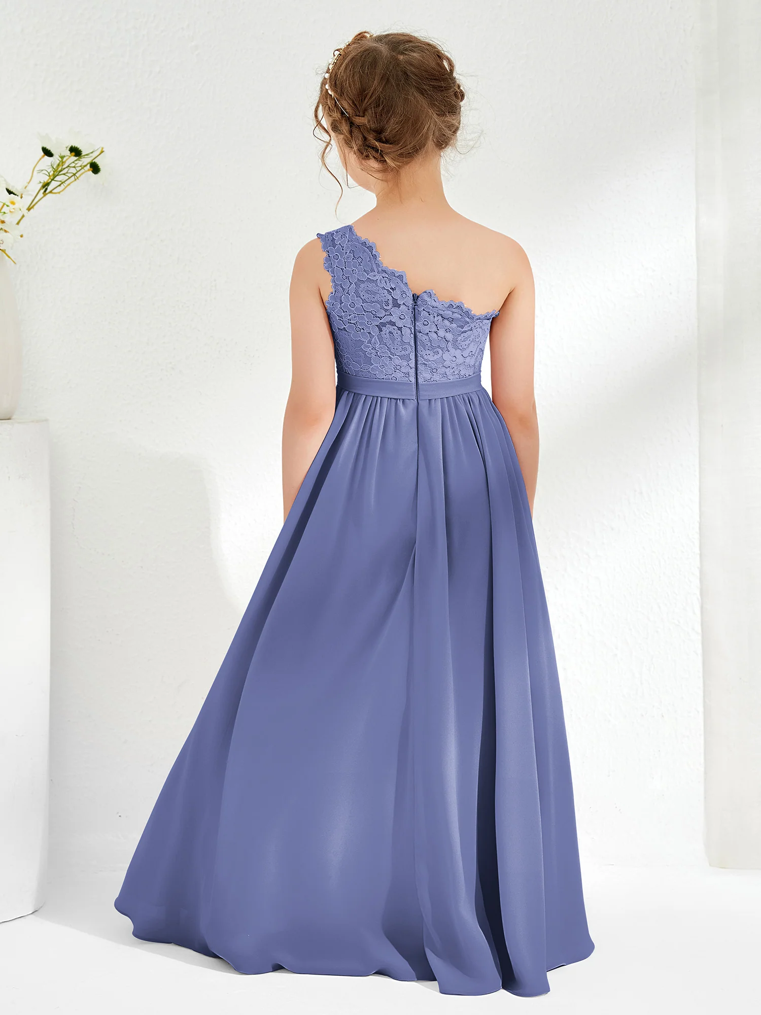 One Shoulder Lace and Chiffon Junior Bridesmaid Dresses Periwinkle - Image 2