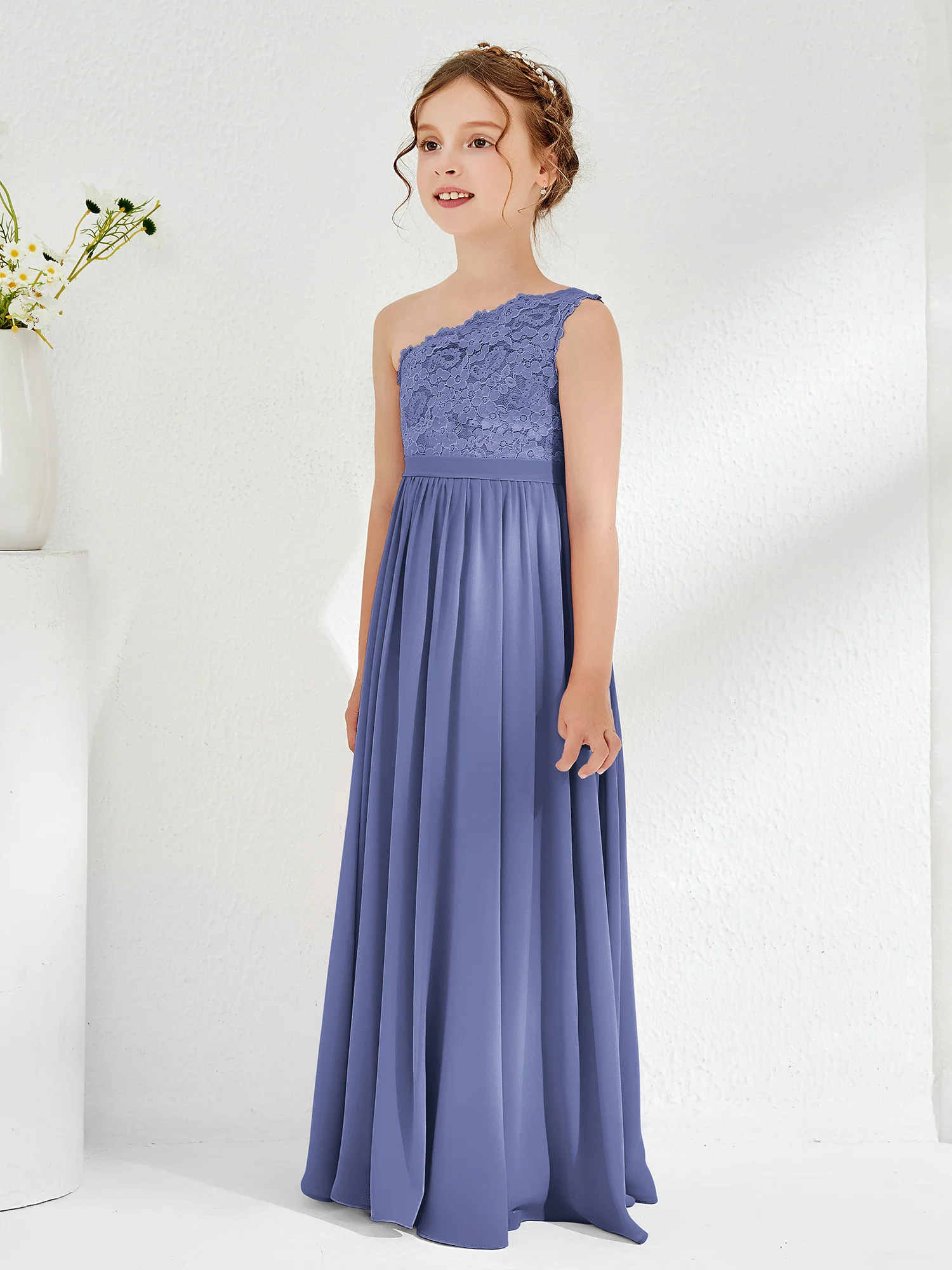 One Shoulder Lace and Chiffon Junior Bridesmaid Dresses Periwinkle - Image 3