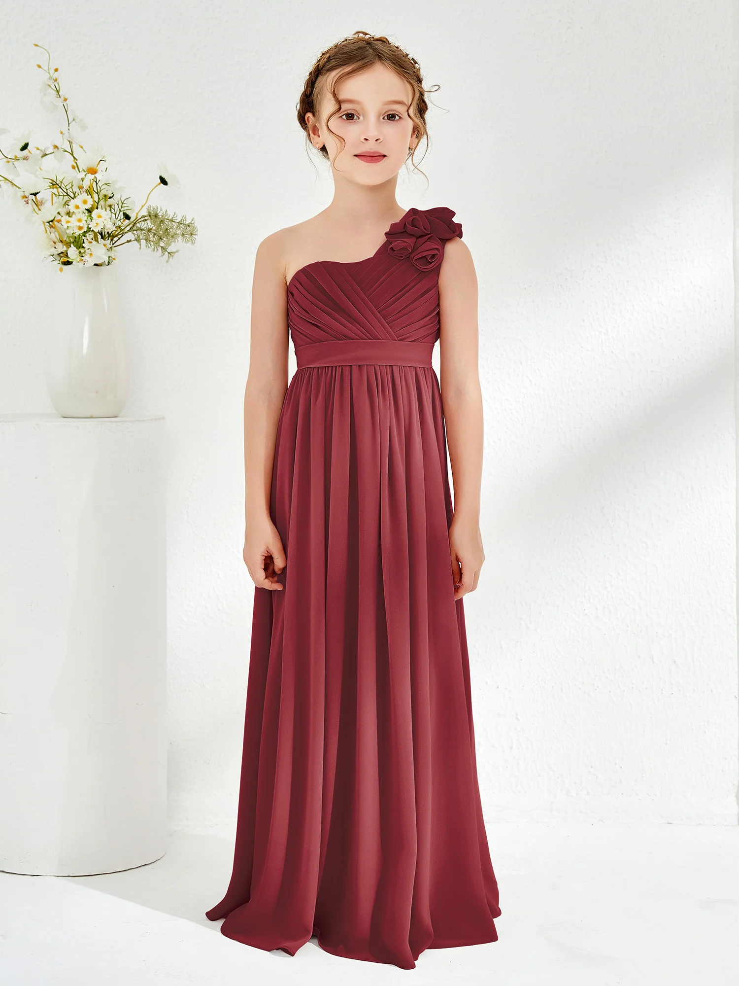 One Shoulder Long Junior Bridesmaid Dress With Flowers Cinnamon Rose