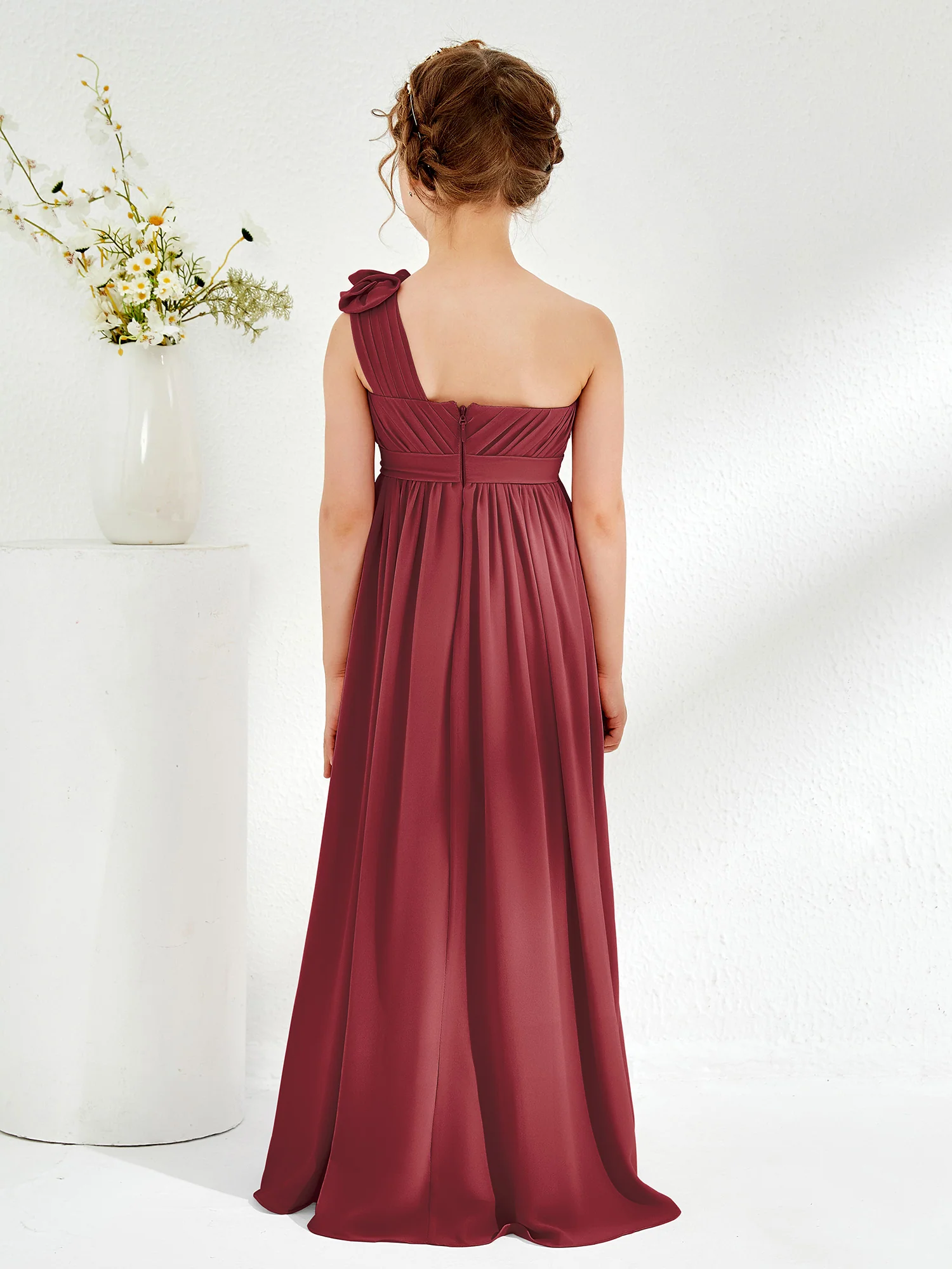 One Shoulder Long Junior Bridesmaid Dress With Flowers Cinnamon Rose - Image 2