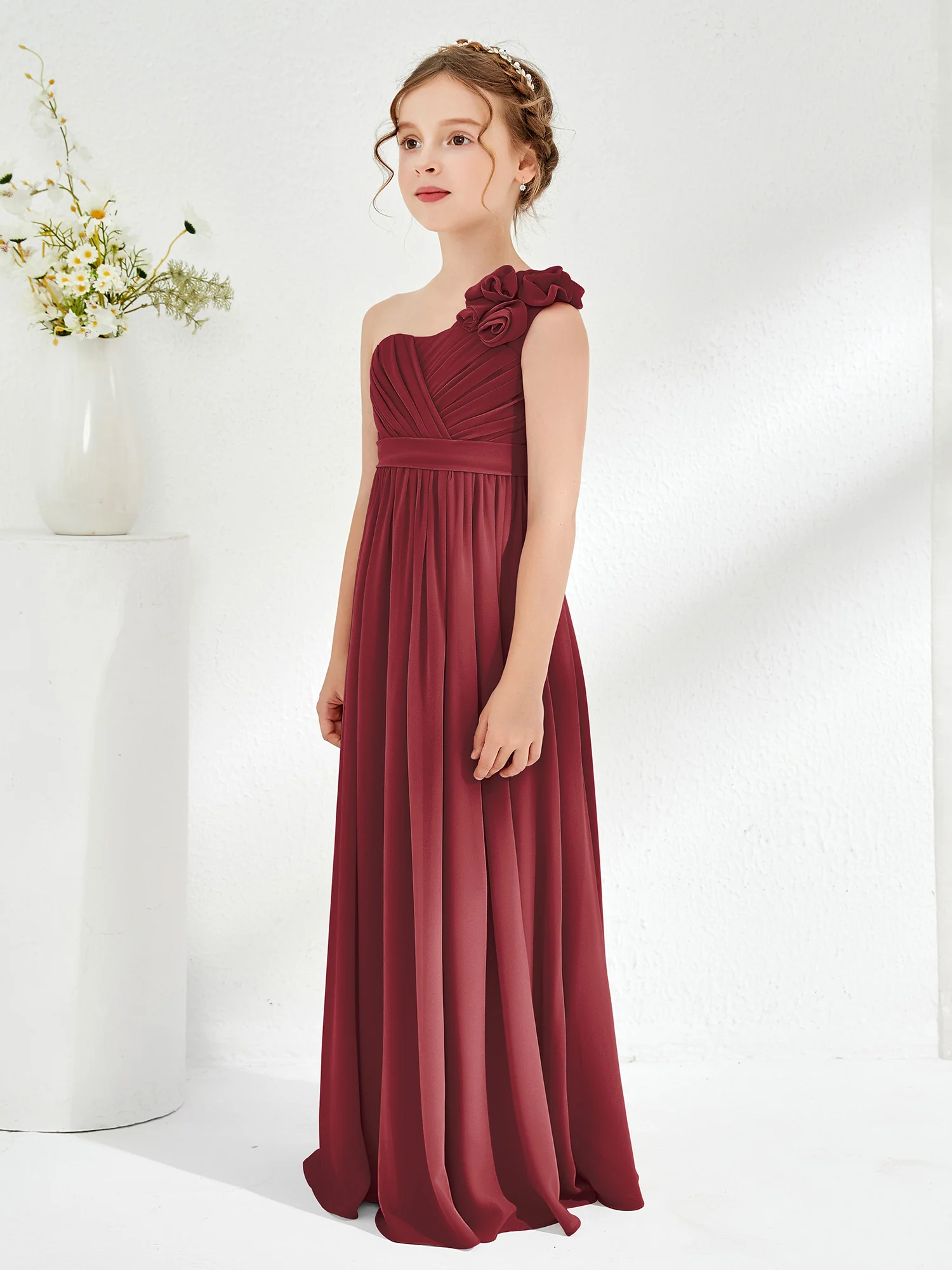 One Shoulder Long Junior Bridesmaid Dress With Flowers Cinnamon Rose - Image 3