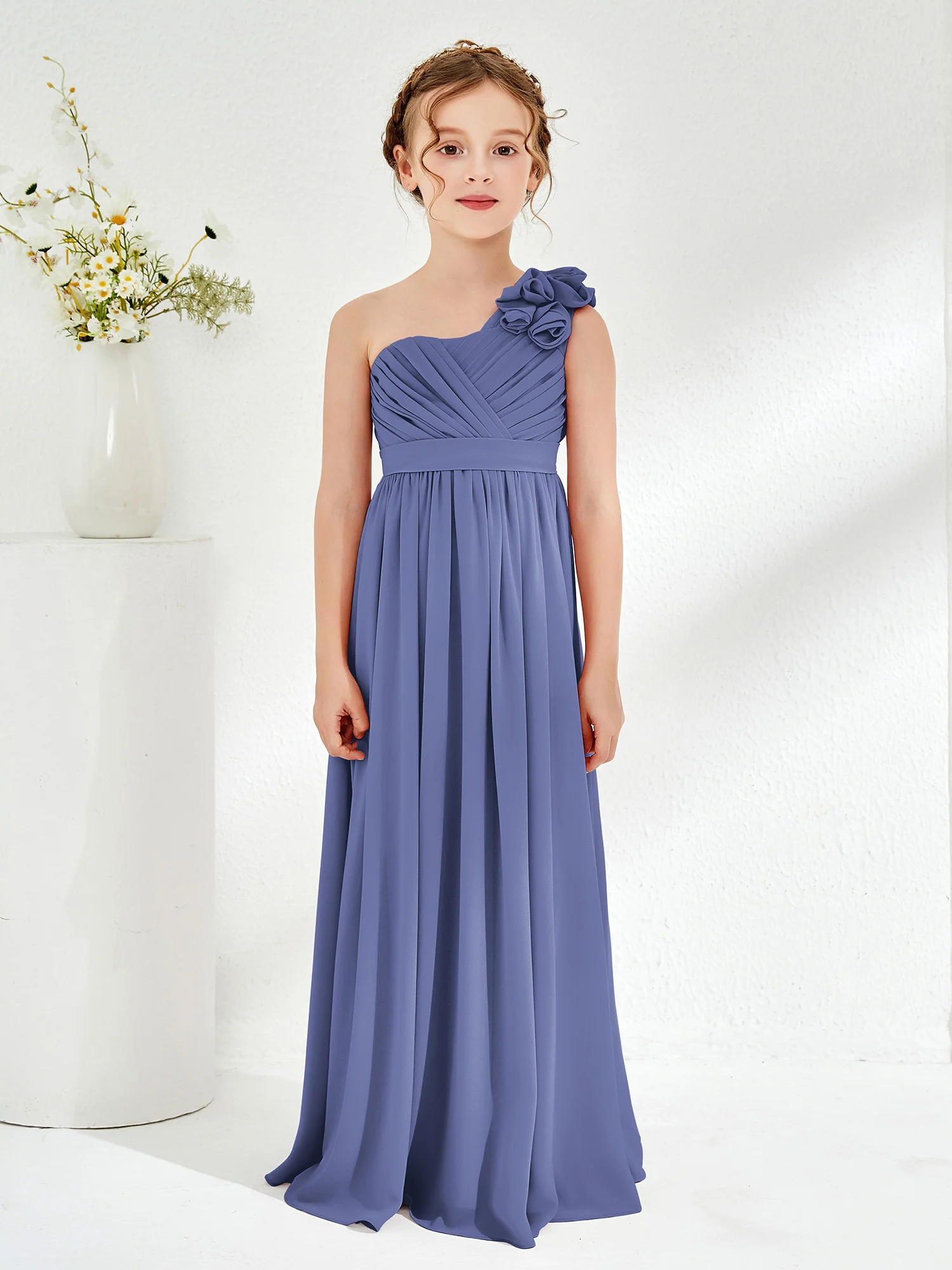 One Shoulder Long Junior Bridesmaid Dress With Flowers Periwinkle