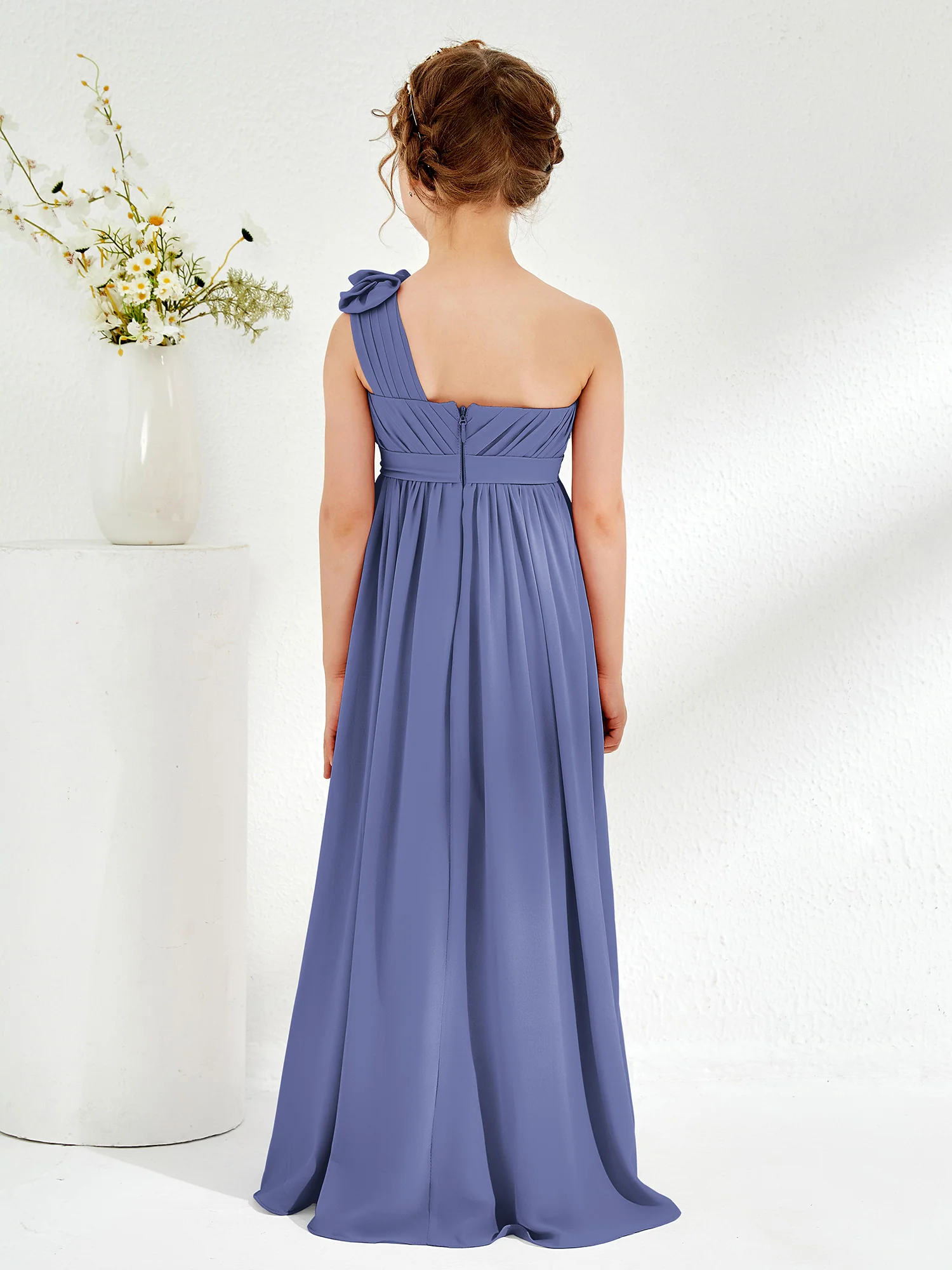 One Shoulder Long Junior Bridesmaid Dress With Flowers Periwinkle - Image 2