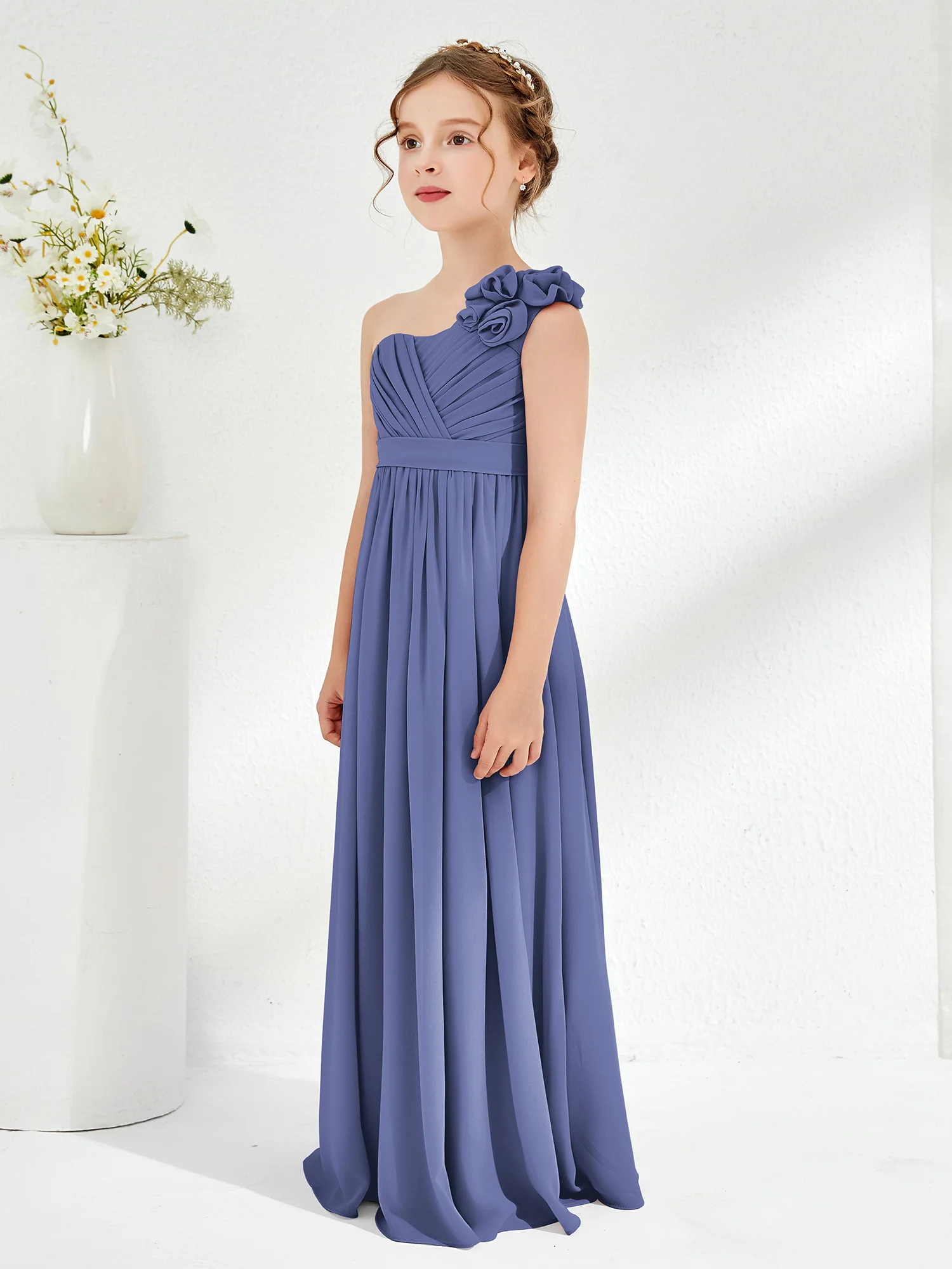 One Shoulder Long Junior Bridesmaid Dress With Flowers Periwinkle - Image 3