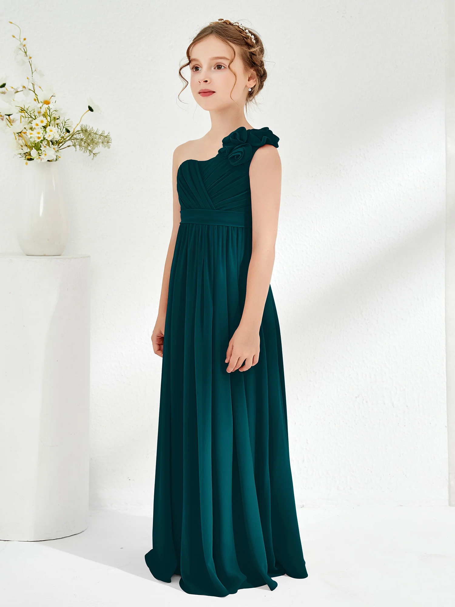 One Shoulder Long Junior Bridesmaid Dress With Flowers Pine - Image 3