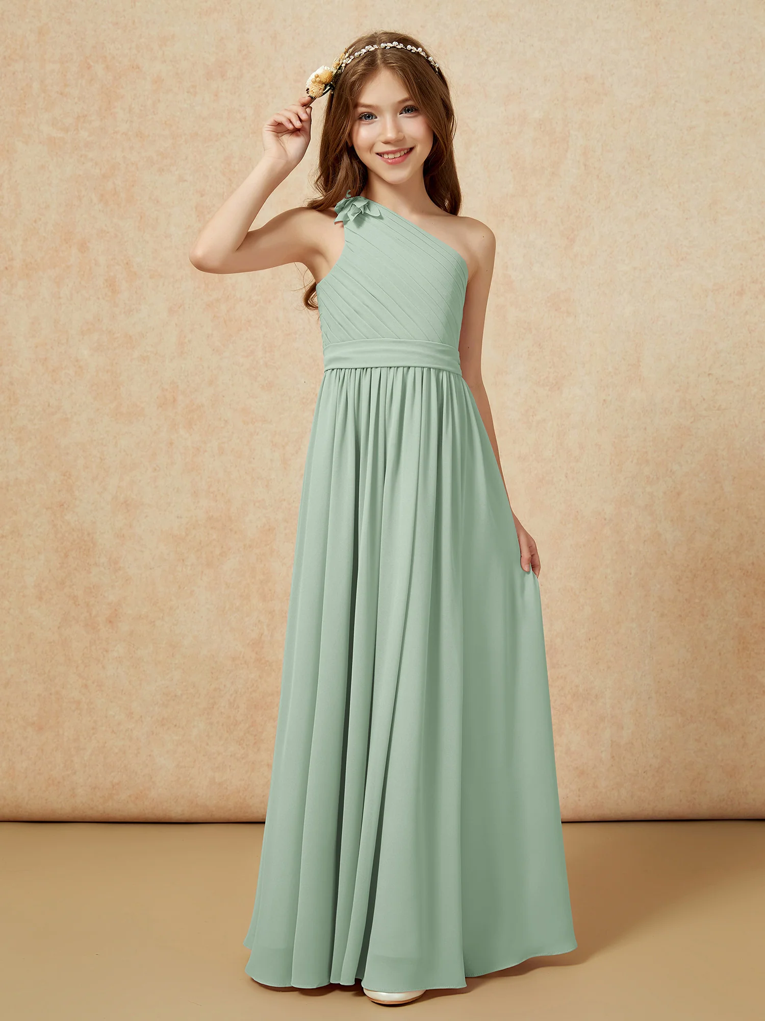 One Shoulder Long Junior Bridesmaid Dress With Belt Agave - Image 3