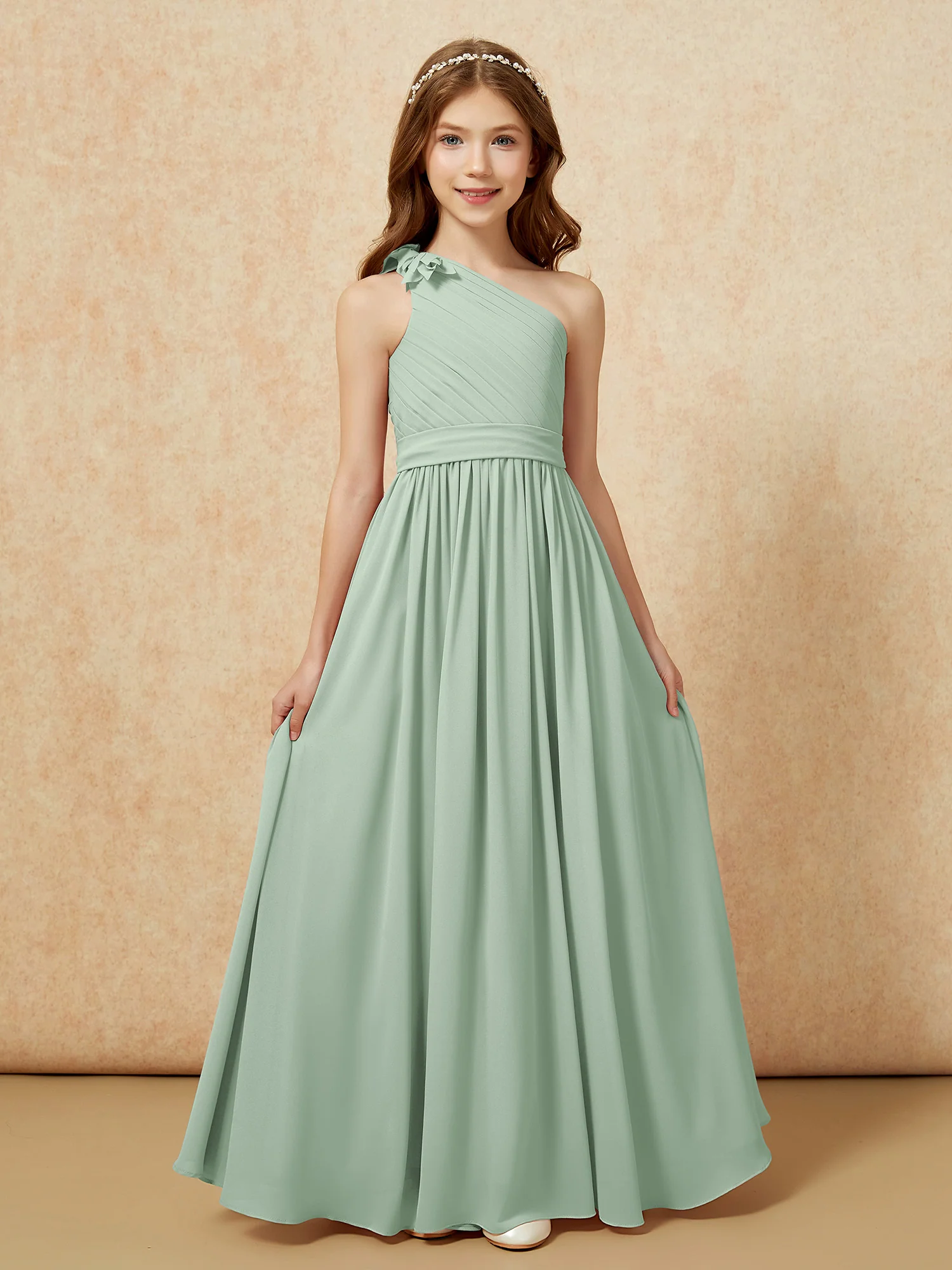 One Shoulder Long Junior Bridesmaid Dress With Belt Agave - Image 4