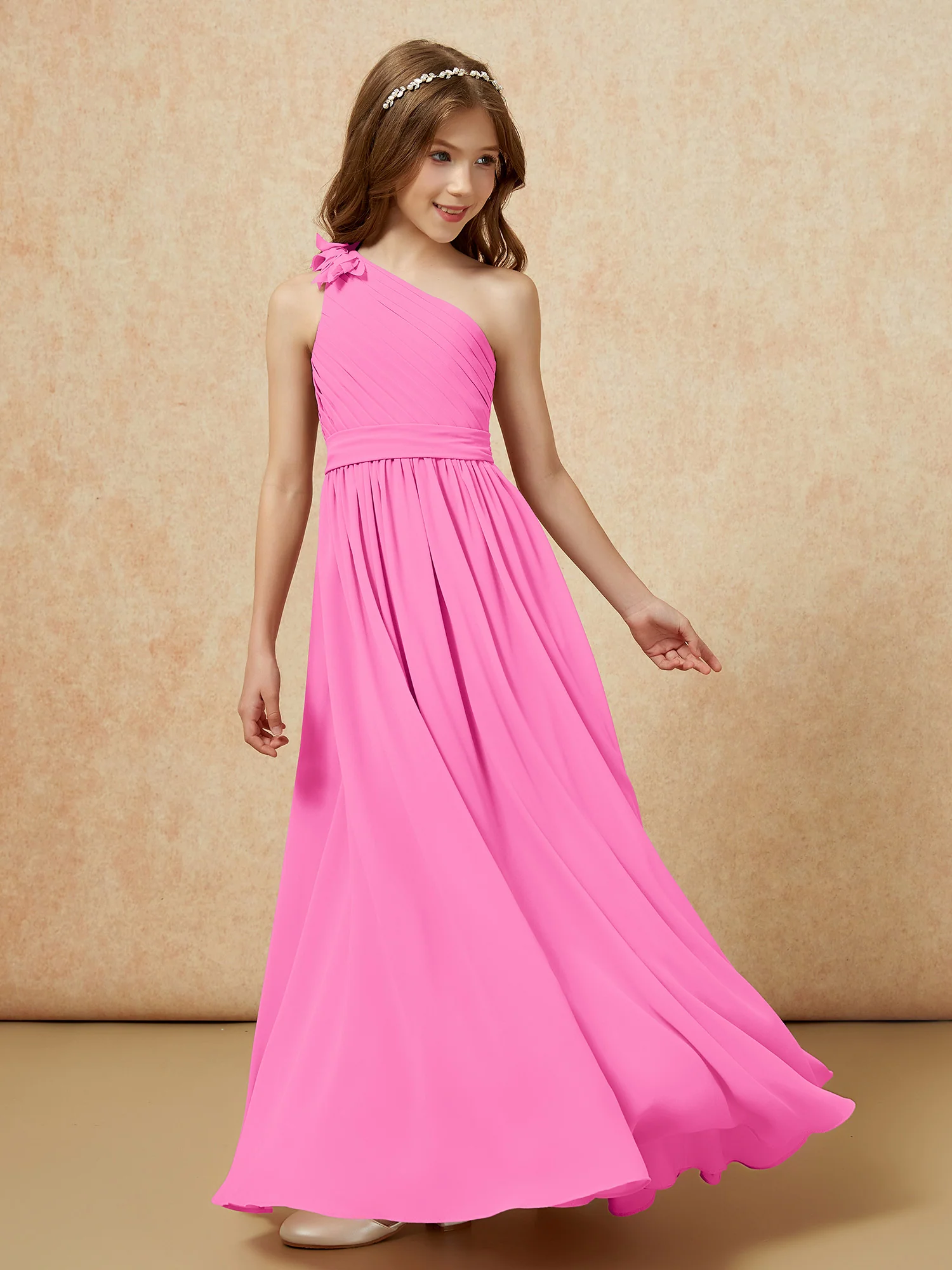 One Shoulder Long Junior Bridesmaid Dress With Belt Azalea