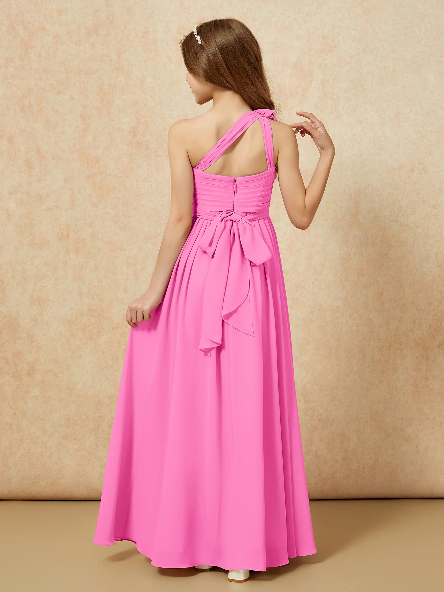 One Shoulder Long Junior Bridesmaid Dress With Belt Azalea - Image 2