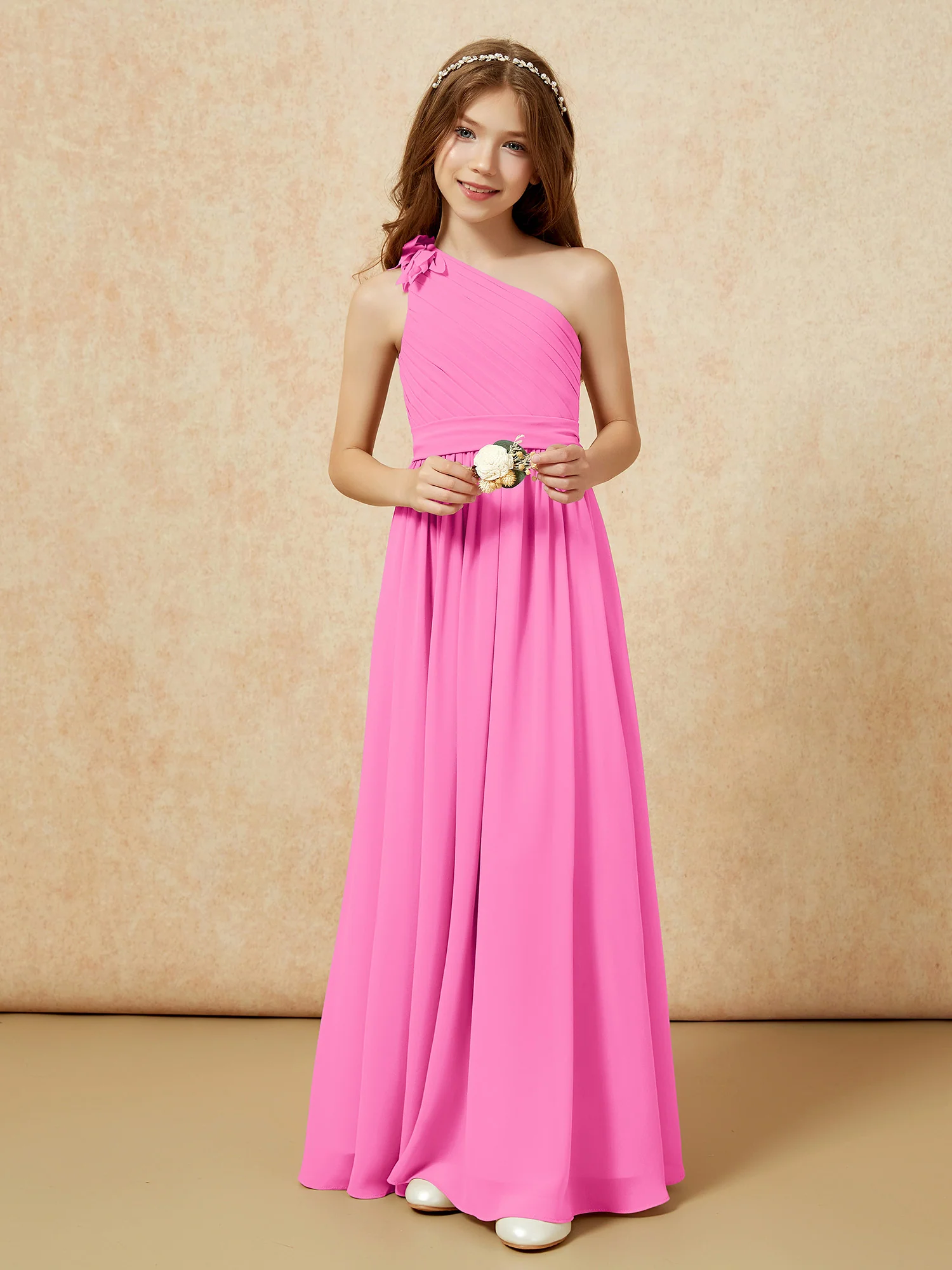 One Shoulder Long Junior Bridesmaid Dress With Belt Azalea - Image 6