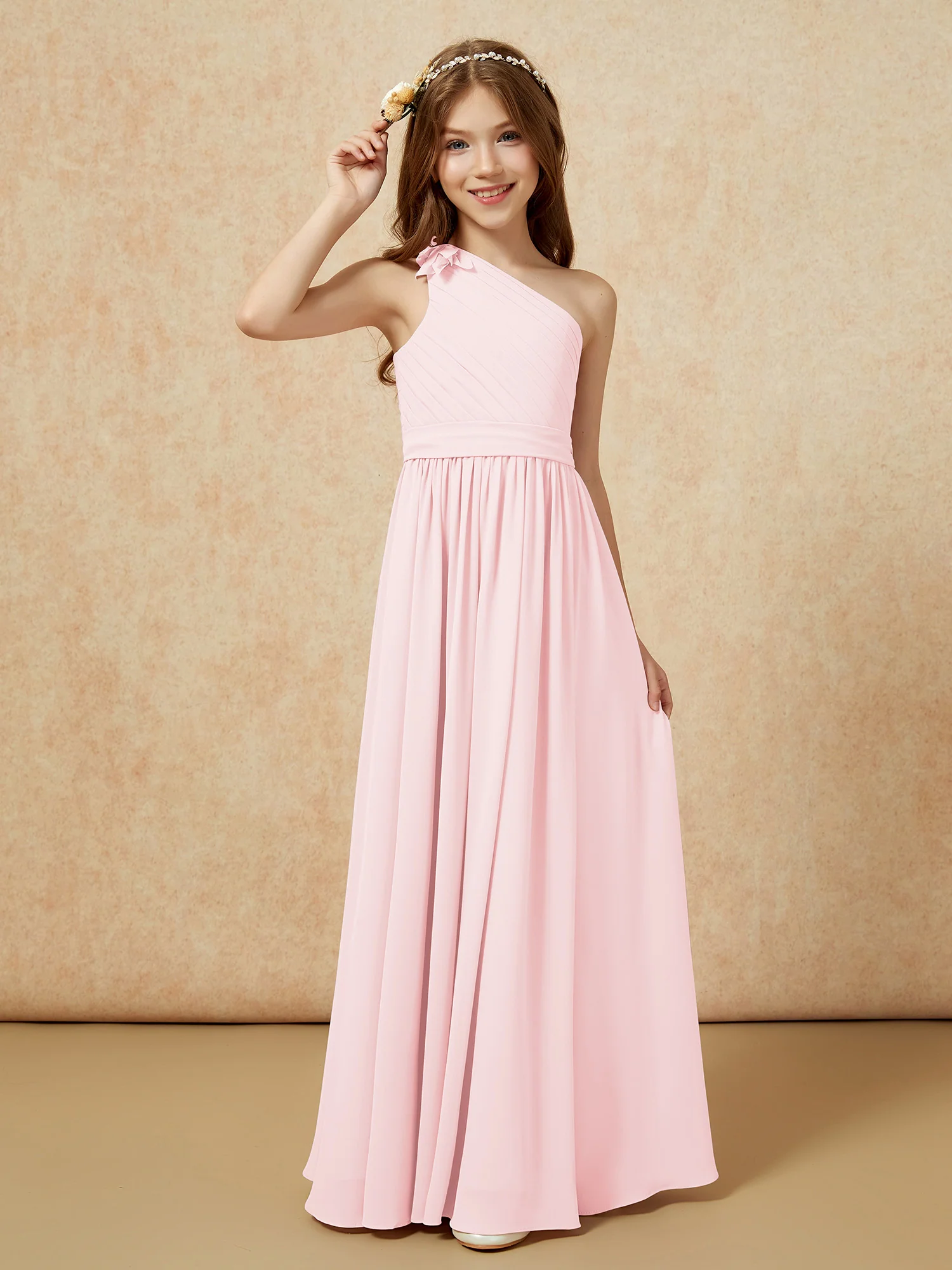 One Shoulder Long Junior Bridesmaid Dress With Belt Blushing Pink - Image 3