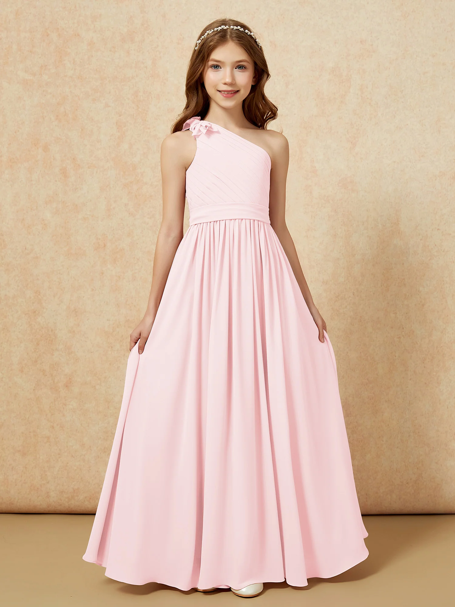 One Shoulder Long Junior Bridesmaid Dress With Belt Blushing Pink - Image 4