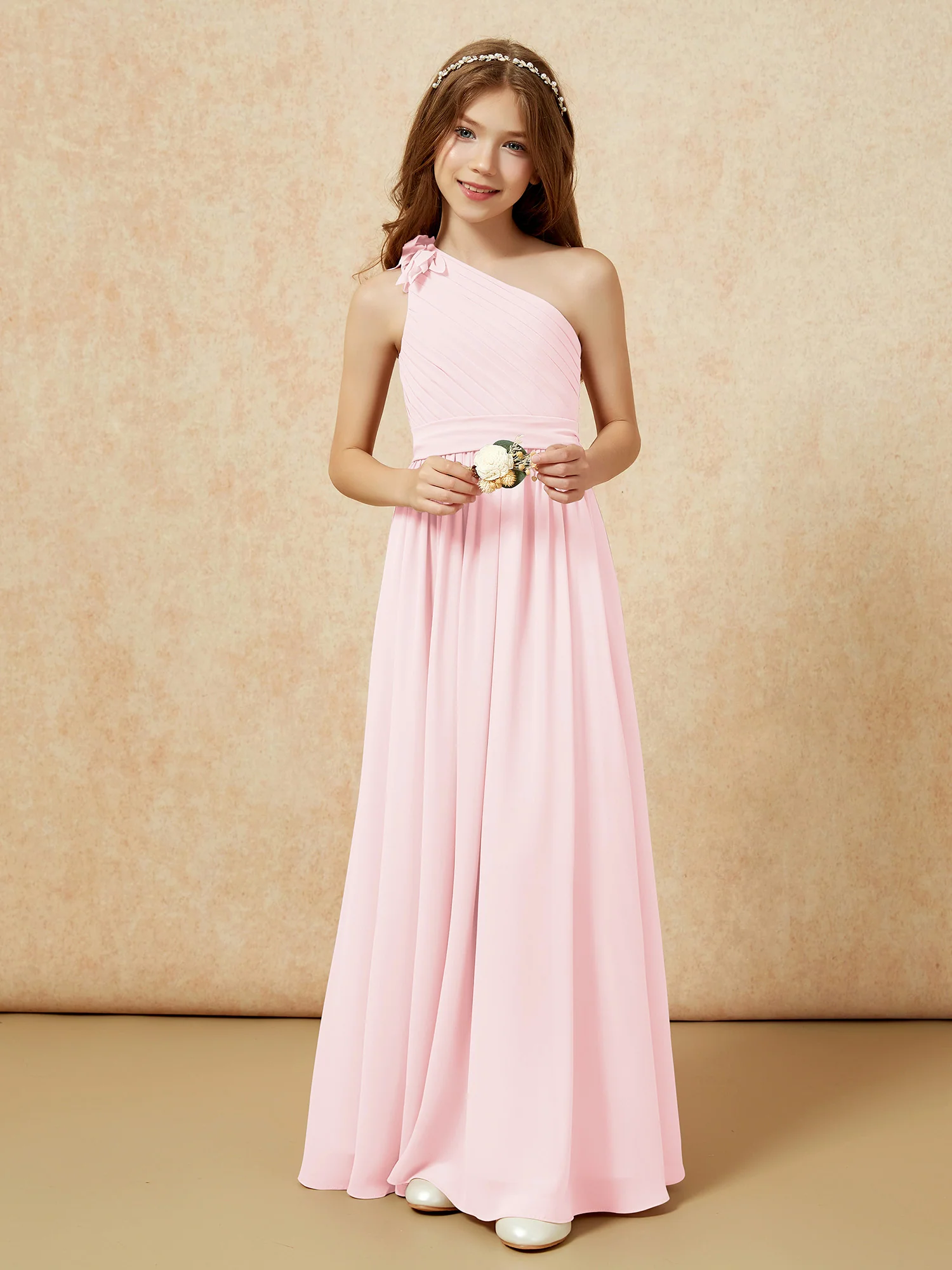 One Shoulder Long Junior Bridesmaid Dress With Belt Blushing Pink - Image 6