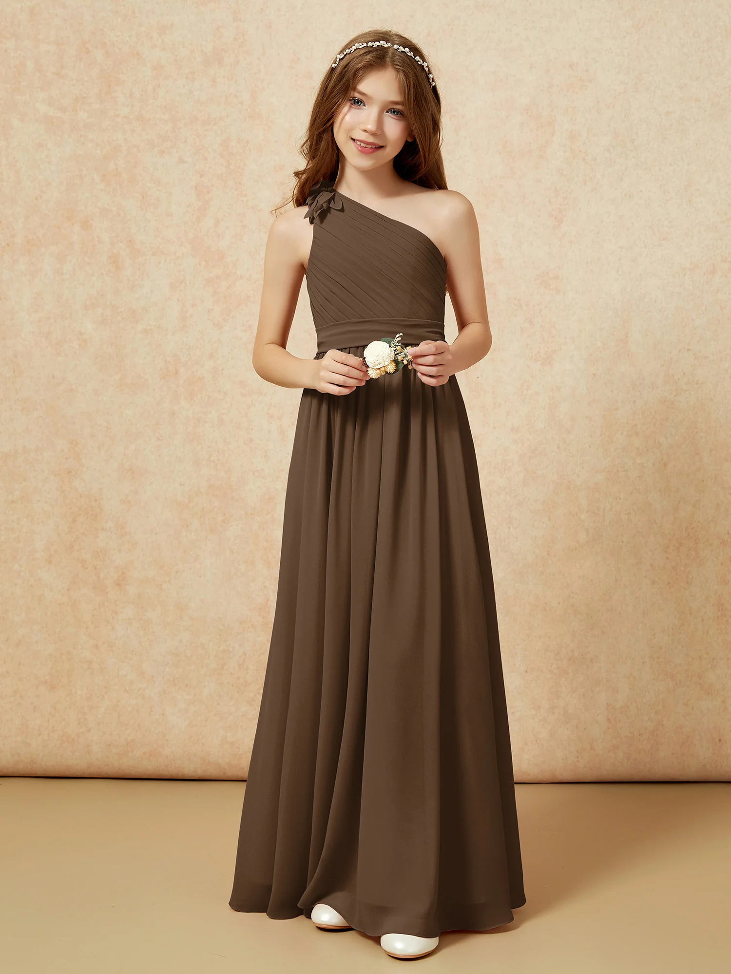 One Shoulder Long Junior Bridesmaid Dress With Belt Brown - Image 6