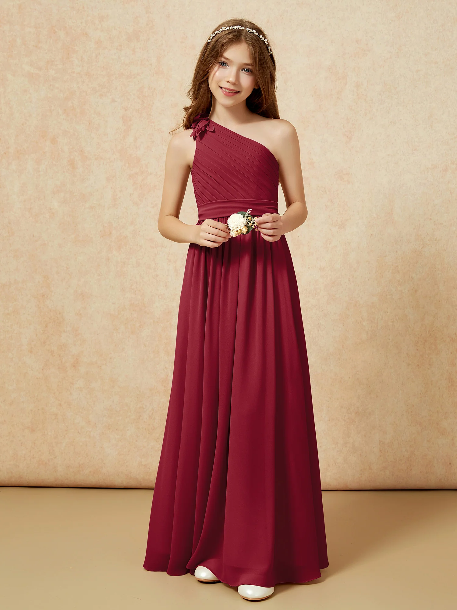One Shoulder Long Junior Bridesmaid Dress With Belt Burgundy - Image 6