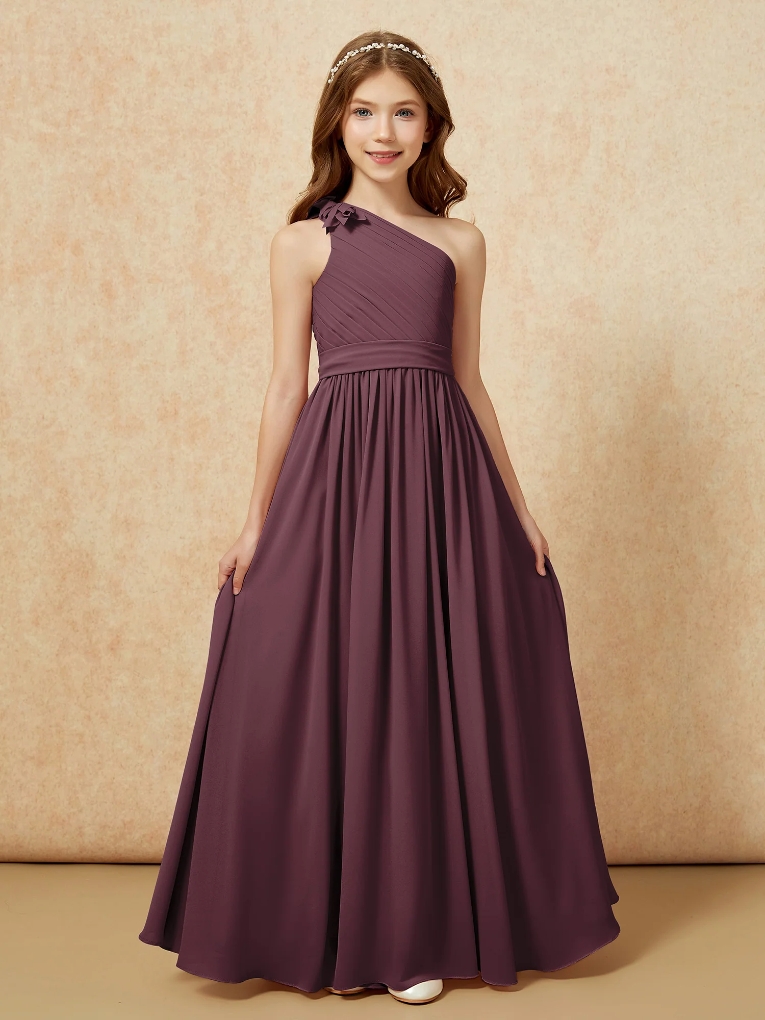 One Shoulder Long Junior Bridesmaid Dress With Belt Cabernet - Image 4