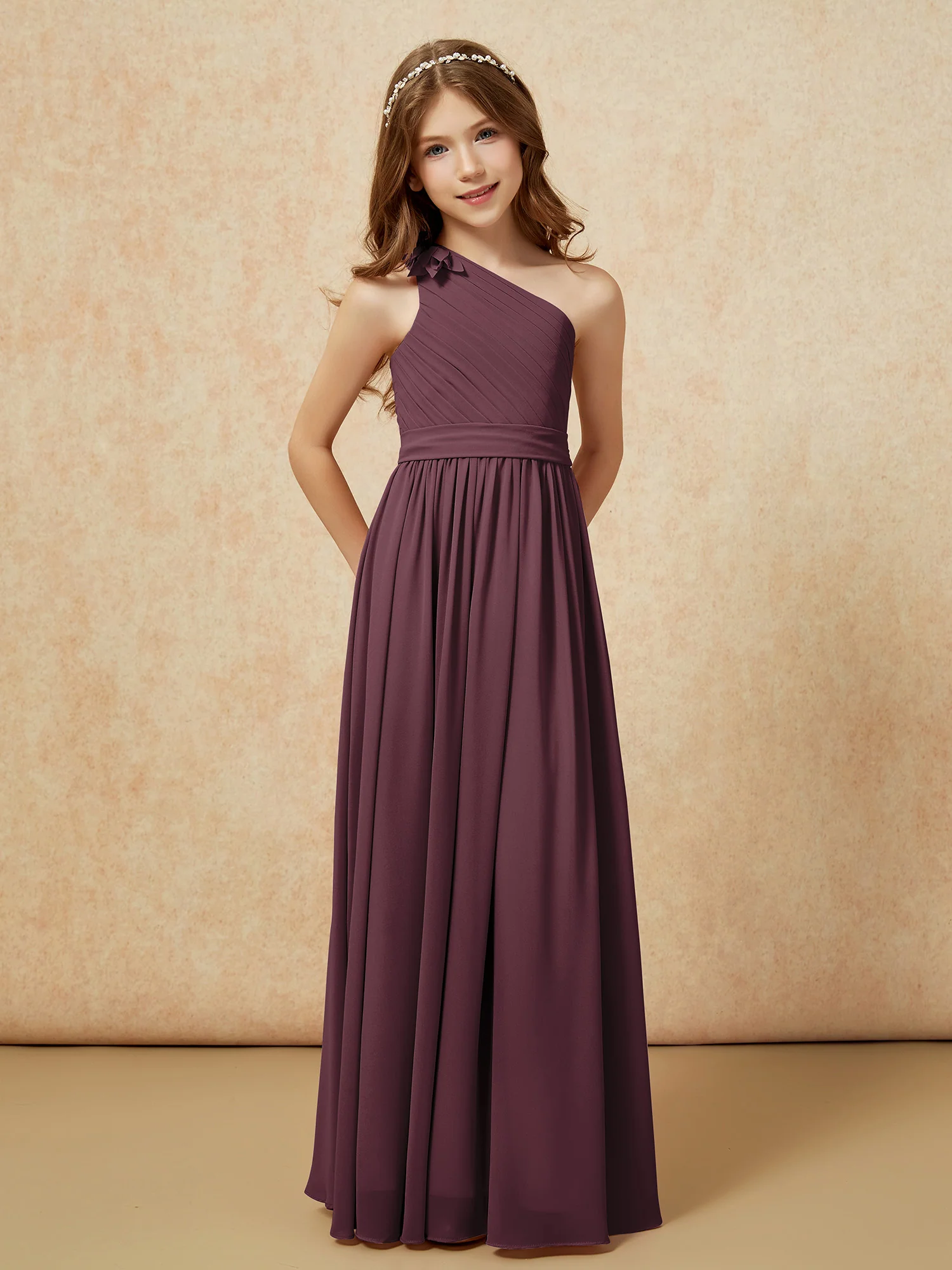 One Shoulder Long Junior Bridesmaid Dress With Belt Cabernet - Image 5